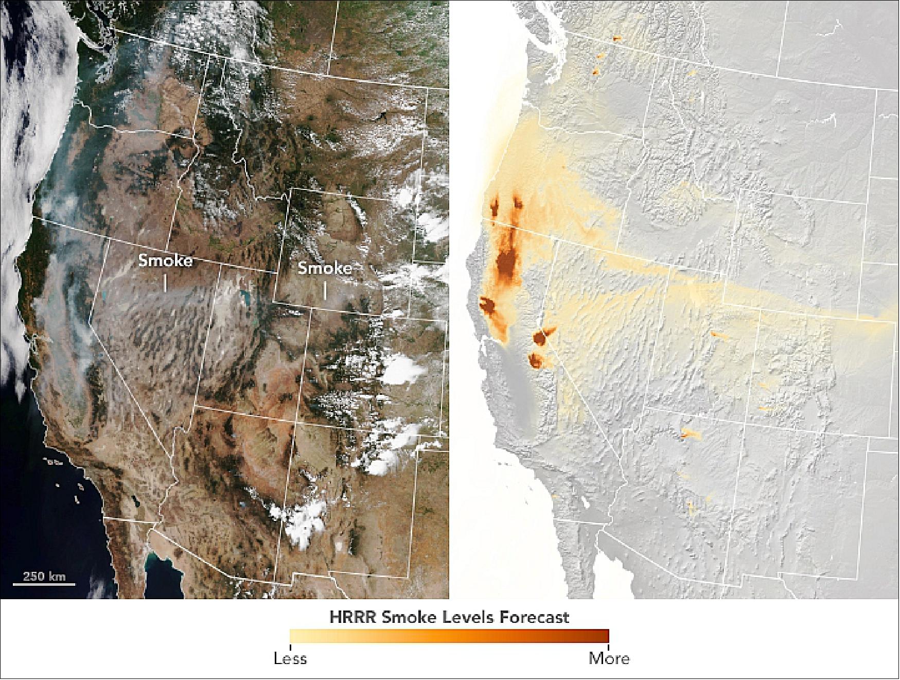 Figure 41: Vertically integrated smoke” is all of the smoke in a vertical column, including smoke high in the Earth’s atmosphere. On the left is a natural-color image of the Western United States during the Mendocino Complex Fire on August 6 at approximately 2:00 pm PDT, using data from the VIIRS instrument on the Suomi-NPP satellite. On the right, the HRRR-Smoke (High Resolution Rapid Refresh-Smoke) model shows vertically integrated smoke at the same time (image credit: Lauren Dauphin/ NASA Earth Observatory)