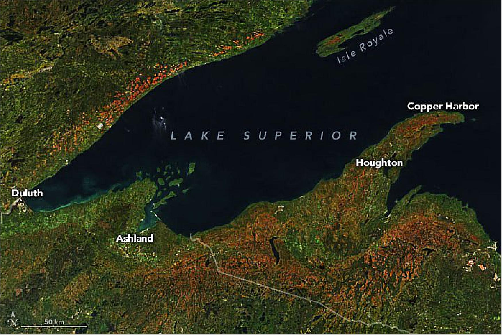 Figure 38: Aided by a period of chilly weather, fall foliage was peaking in the region’s forests in late September. On September 22, 2020, the Visible Infrared Imaging Radiometer Suite (VIIRS) on NOAA-20 acquired this image of the area around Lake Superior, which is rich with aspen, birch, maple, basswood, and other deciduous hardwood trees (image credit: NASA Earth Observatory image by Joshua Stevens, using VIIRS data from NASA EOSDIS/LANCE and GIBS/Worldview and the Joint Polar Satellite System (JPSS). Caption by Adam Voiland)