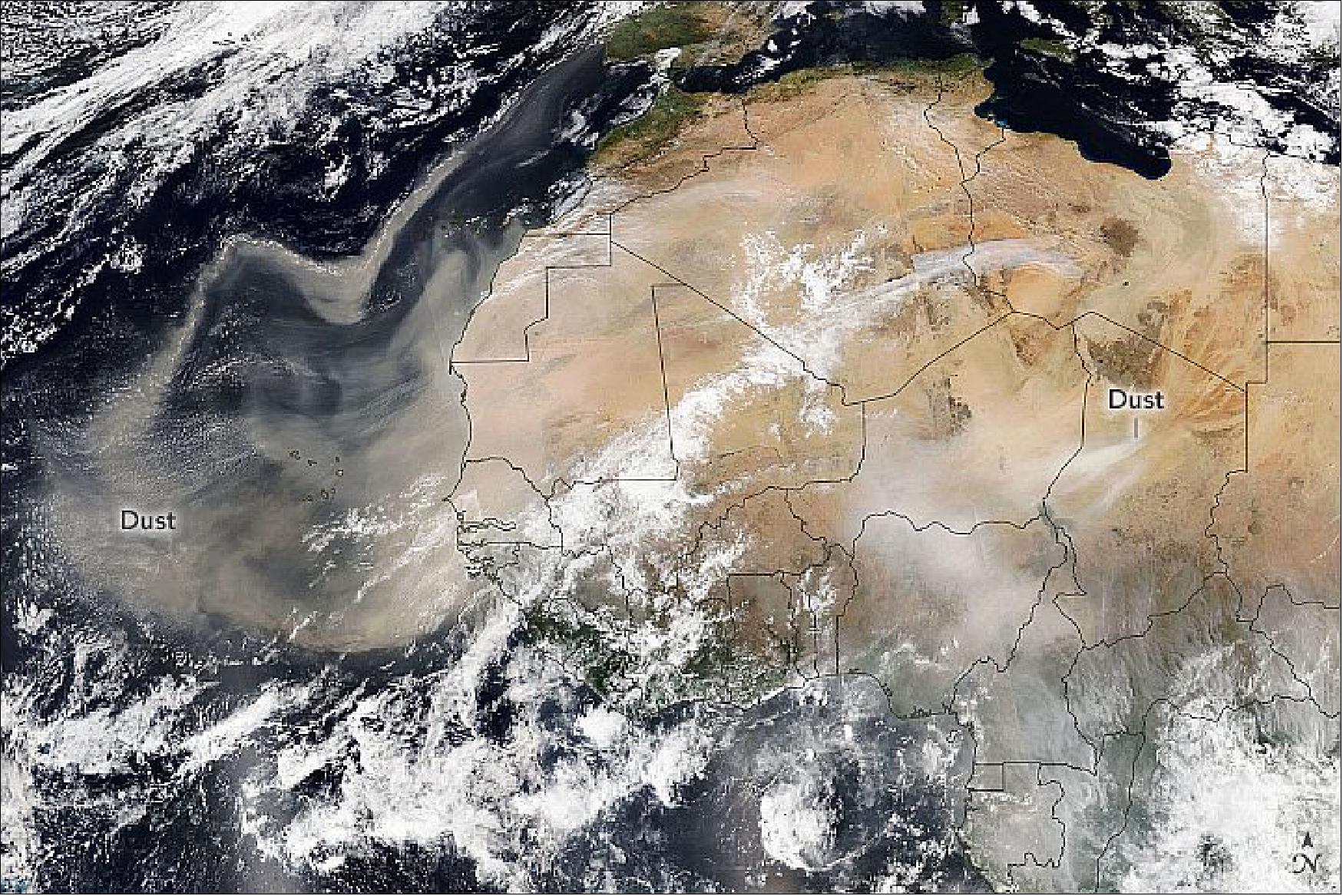Figure 35: A dramatic display of airborne dust particles was observed on February 18, 2021, by the Visible Infrared Imaging Radiometer Suite (VIIRS) on the NOAA-20 spacecraft. The dust appears widespread, but particularly stirred up over the Bodélé Depression in northeastern Chad (image credit: NASA Earth Observatory image by Lauren Dauphin, using VIIRS data from NASA EOSDIS LANCE, GIBS/Worldview, and the Suomi National Polar-orbiting Partnership. Story by Kathryn Hansen)