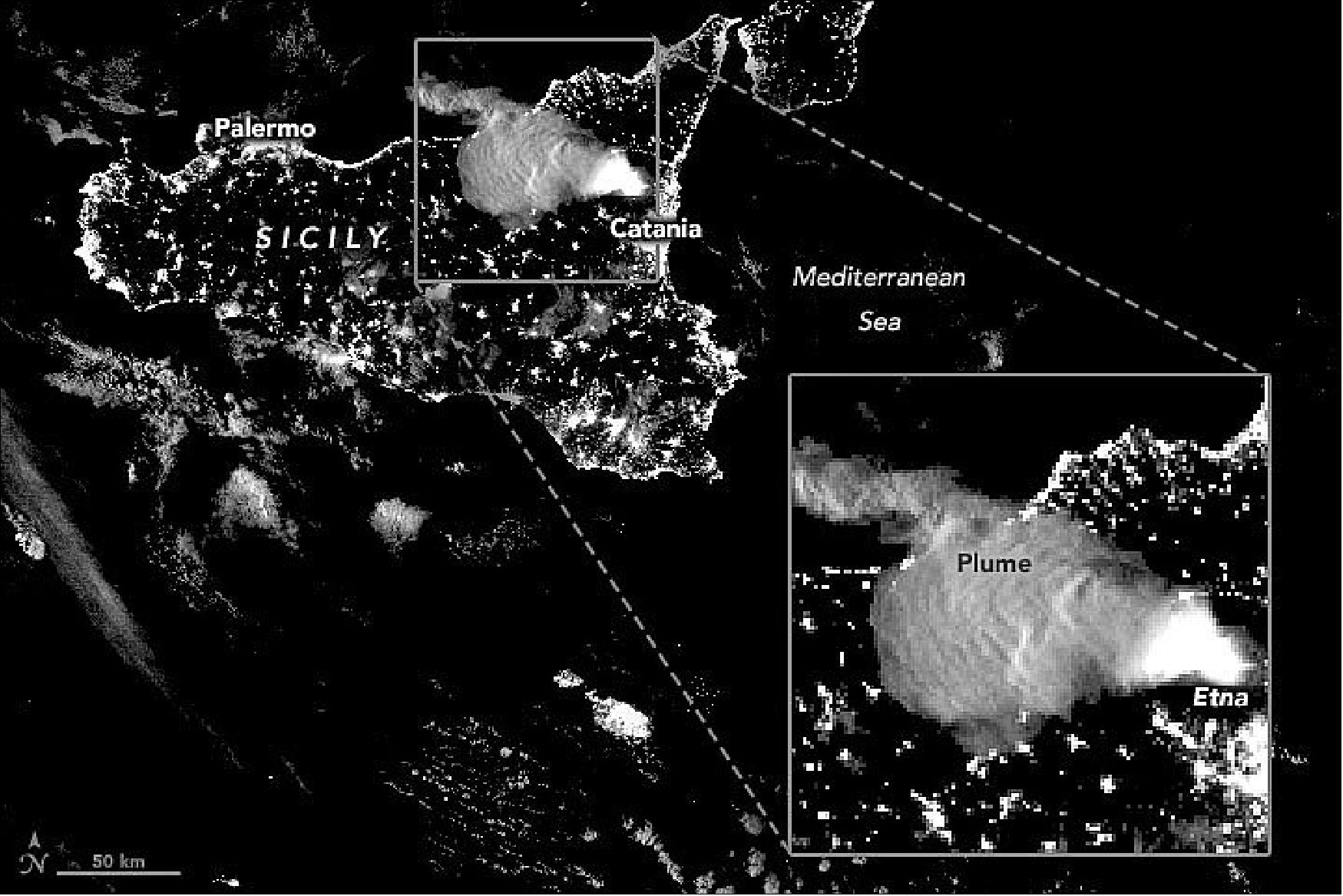 Figure 33: Intense lava fountains and lava flows illuminated a volcanic plume spreading across Sicily during an unusually pitched night of activity at the Italian volcano. At 1:37 a.m. local time (00:37 Universal Time) on February 23, 2021, the Visible Infrared Imaging Radiometer Suite (VIIRS) on the NOAA-20 satellite captured an image showing one of several volcanic plumes Etna has produced recently. At the time, the partially illuminated plume was spreading northwest across Sicily. It deposited a layer of ash in Palermo before heading north toward Sardinia (image credit: NASA Earth Observatory image by Joshua Stevens, using VIIRS day-night band data from the Joint Polar Satellite System and Landsat data from the U.S. Geological Survey. Story by Adam Voiland)