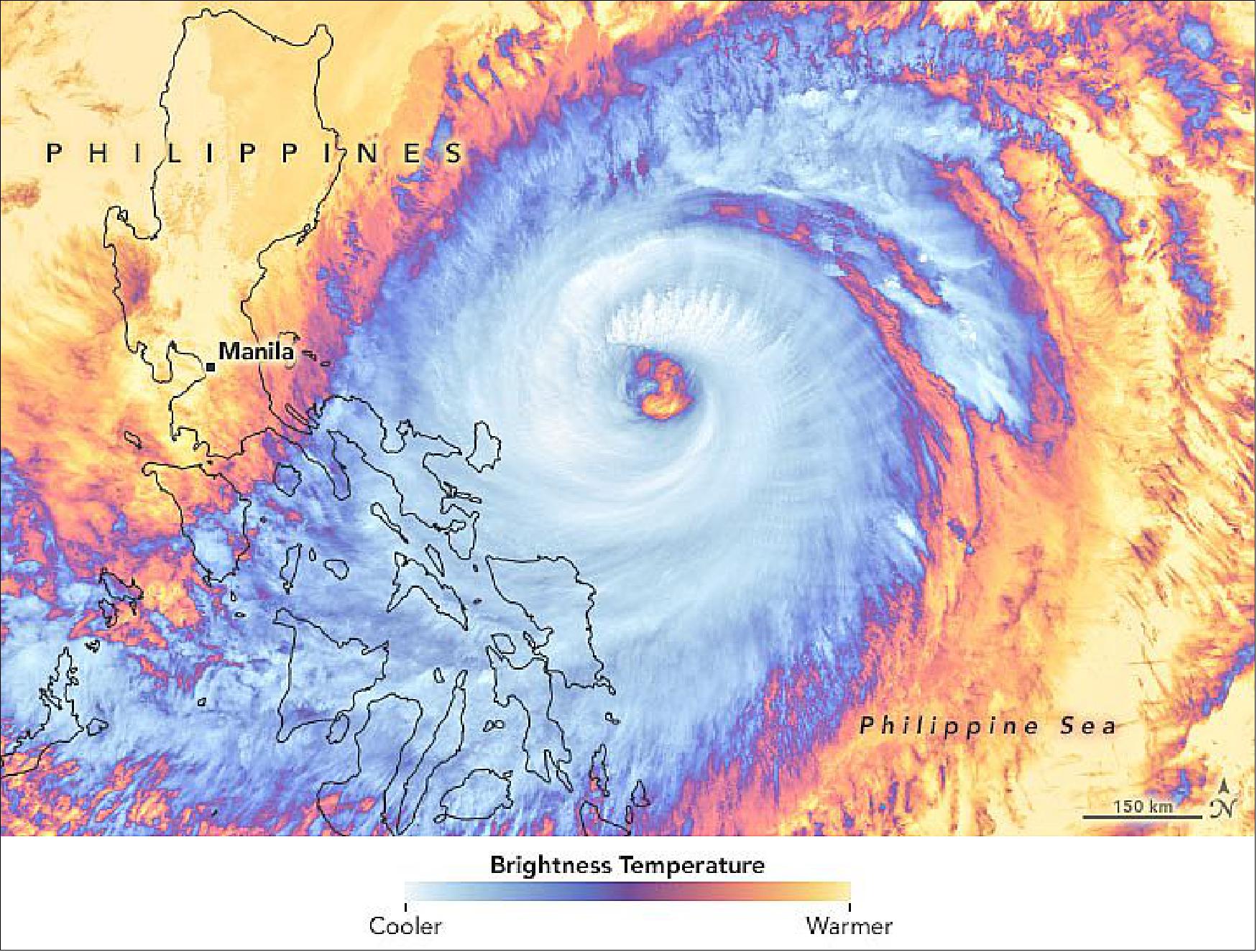 Figure 31: The super typhoon reached extreme intensity earlier in the year than any storm in the satellite era. This infrared satellite image was acquired around midday on April 19 with the Visible Infrared Imaging Radiometer Suite (VIIRS) on NOAA-20. Surigae’s clouds are shown using brightness temperature data, which is useful for distinguishing cooler cloud structures from the warmer surface below. Around that time the JTWC reported the typhoon had sustained winds of 120 knots (140 miles/220 km/hr), [image credit: NASA Earth Observatory images by Joshua Stevens, using VIIRS data from NASA EOSDIS LANCE, GIBS/Worldview and the Joint Polar Satellite System (JPSS). Story by Michael Carlowicz]