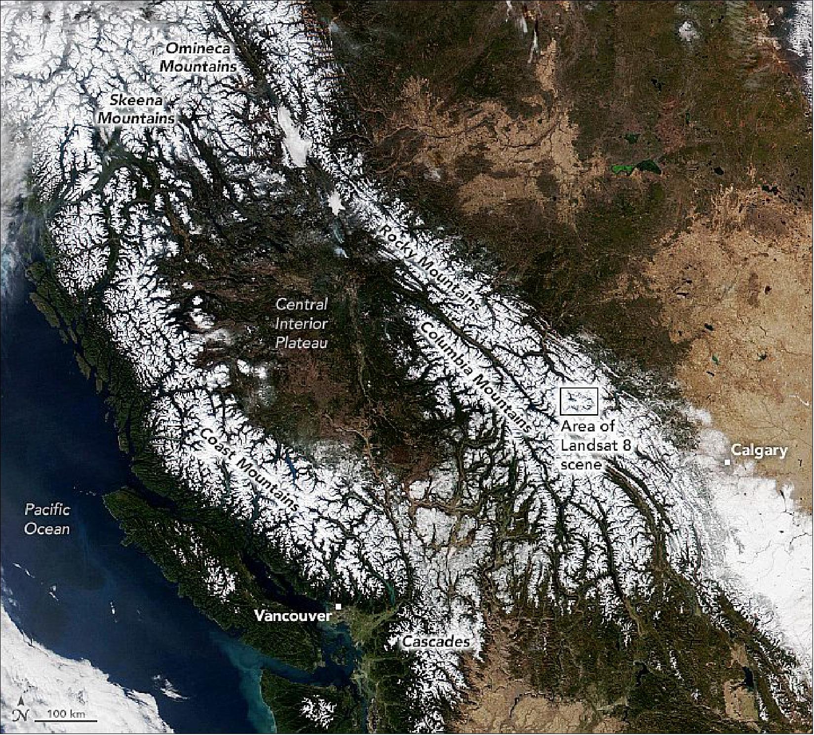Figure 25: The Visible Infrared Imaging Radiometer Suite (VIIRS) on the NOAA-20 satellite acquired this image during the widespread “unusually pleasant” weather on October 31, 2021. Snowcapped peaks are visible across numerous ranges and subranges, from the Coast Mountains in British Columbia to the Rockies in western Alberta (image credit: NASA Earth Observatory image by Lauren Dauphin, using VIIRS data from NASA EOSDIS LANCE, GIBS/Worldview, and the Suomi National Polar-orbiting Partnership. Story by Kathryn Hansen)