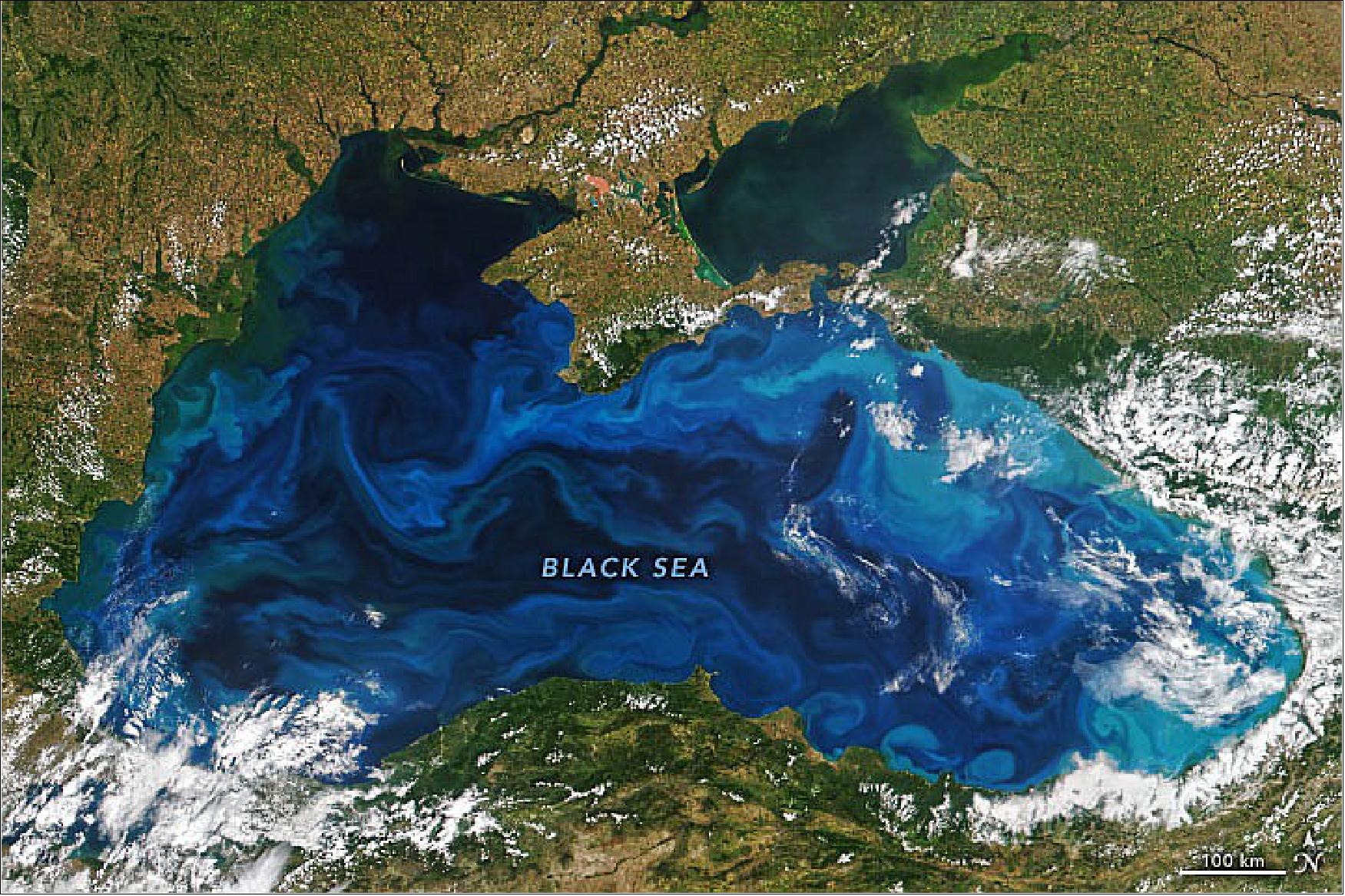 Figure 20: The phytoplankton bloom is visible in this natural-color image acquired on June 20, 2022. The image blends data from the Visible Infrared Imaging Radiometer Suite (VIIRS) on the NOAA-20 satellite and the VIIRS on the Suomi NPP satellite to eliminate sunglint and the seam lines between satellite passes (image credit: NASA Earth Observatory image by Joshua Stevens, using VIIRS data from NASA EOSDIS LANCE, GIBS/Worldview, and the Joint Polar Satellite System (JPSS). Story by Kathryn Hansen)
