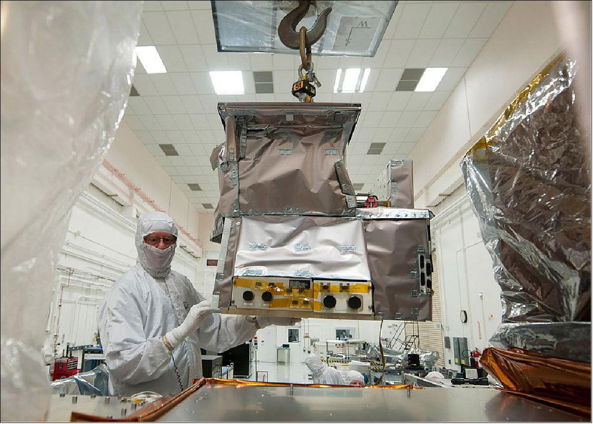 Figure 17: Photo of the CrIS instrument which is being moved into position just prior to integration with the JPSS-1 spacecraft (image credit: BATC)
