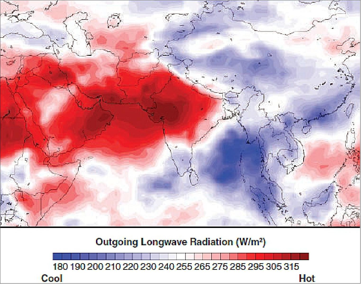 Figure 62: This map of India and the Middle East and Asia shows how much outgoing longwave radiation left Earth’s atmosphere between May 15-27, 2015, while the region was experiencing a heatwave. Measurements for this image were made by the CERES instrument on NASA’s Terra satellite. The image was created using the CERES SSF (Single Scanner Footprint) 1deg data product (image credit: NASA’s CERES Science Team)