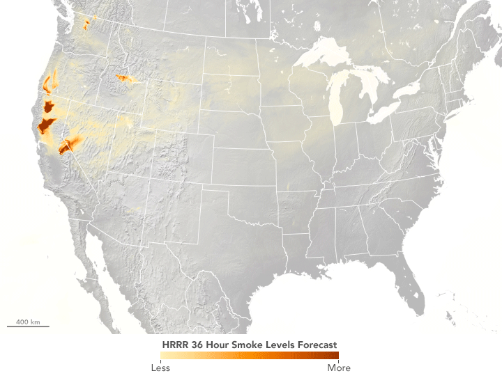 Figure 42: A 36-hour HRRR-Smoke forecast from August 6 shows vertically integrated smoke moving east across the United States during the Mendocino Complex Fire (image credit: Lauren Dauphin/ NASA Earth Observatory)
