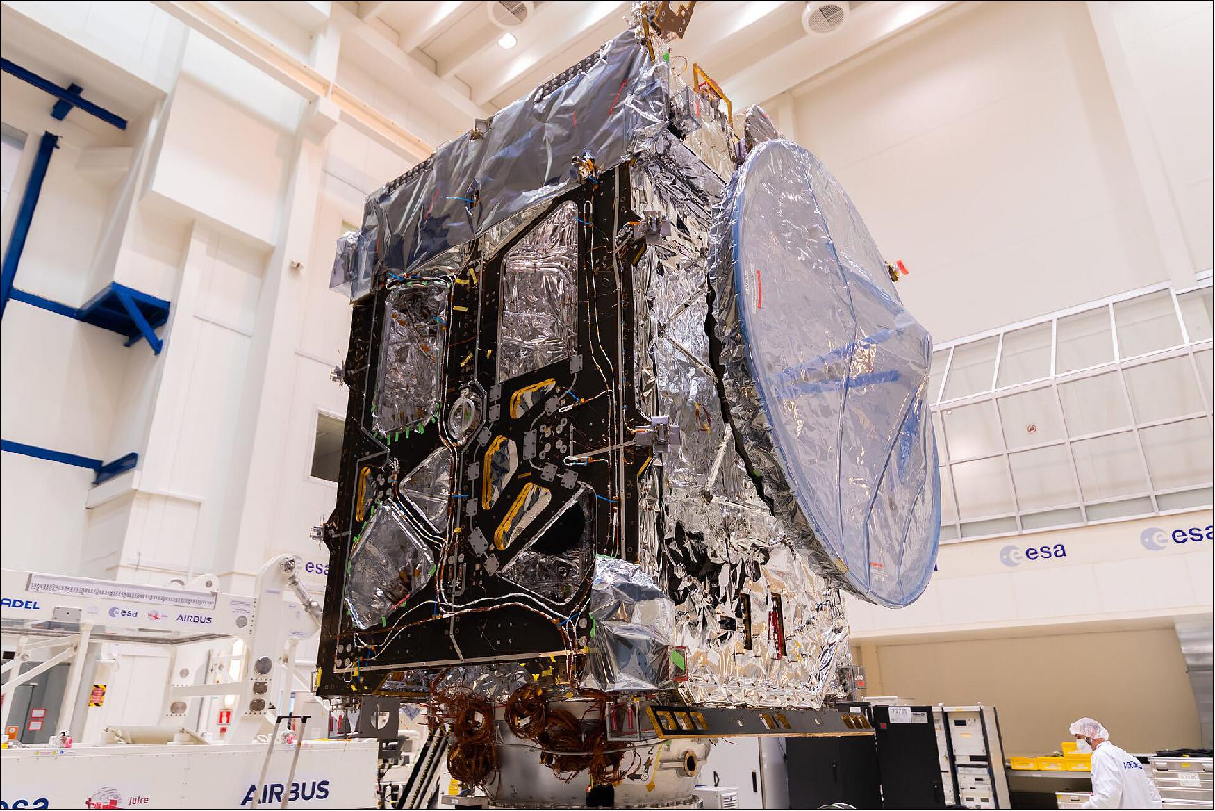 Figure 14: ESA's JUICE satellite being installed on a ‘multi-purpose trolley' in the Rosetta clean room at ESTEC in the Netherlands on 30 April. The multi-purpose trolley allows the spacecraft to be rotated and titled, providing better access to the engineers for integration operations and preparation for testing, and in general to facilitate the work on the different sides of the spacecraft. The trolley is made of non-magnetic material, to comply to the strict magnetic cleanliness requirements of the spacecraft (image credit: ESA-SJM Photography)