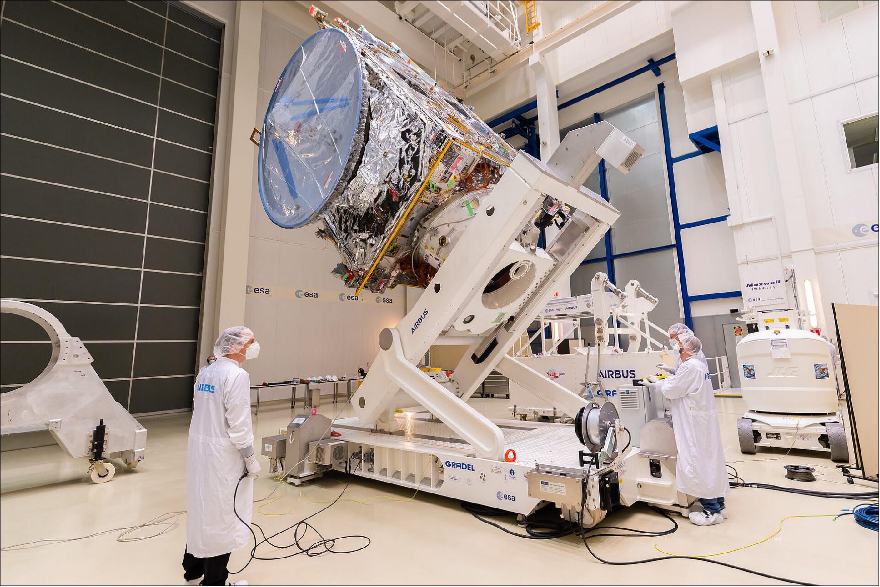 Figure 12: The multi-purpose trolley allows the spacecraft to be rotated and titled, providing better access to the engineers for integration operations and preparation for testing, and in general to facilitate the work on the different sides of the spacecraft. The trolley is made of non-magnetic material, to comply to the strict magnetic cleanliness requirements of the spacecraft (image credit: ESA-SJM Photography)
