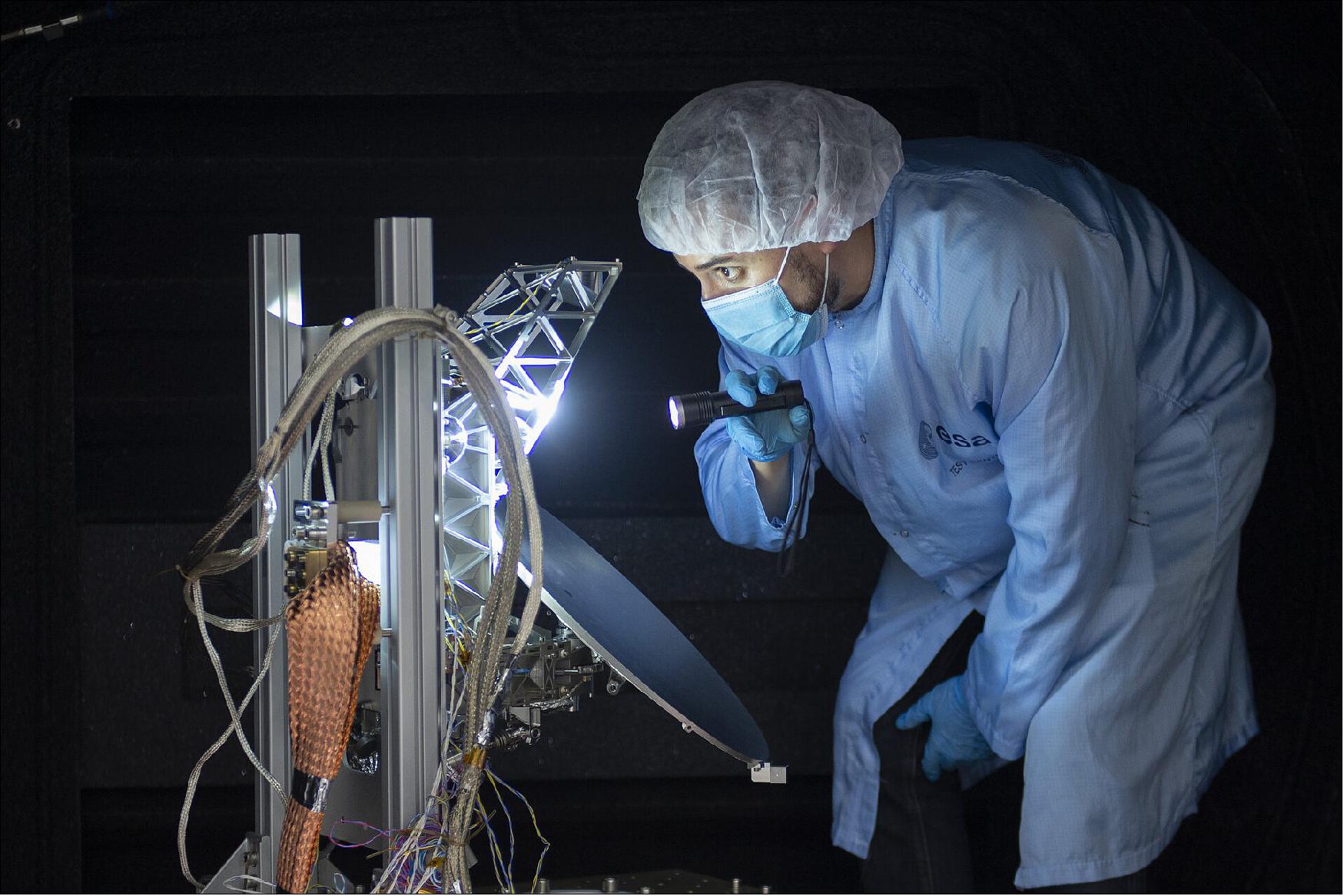 Figure 11: The SWI model of the JUICE mission is checked after completing eight days of cryogenic radio-frequency testing in the Lorentz facility at ESTEC (image credit: ESA, G. Porter)
