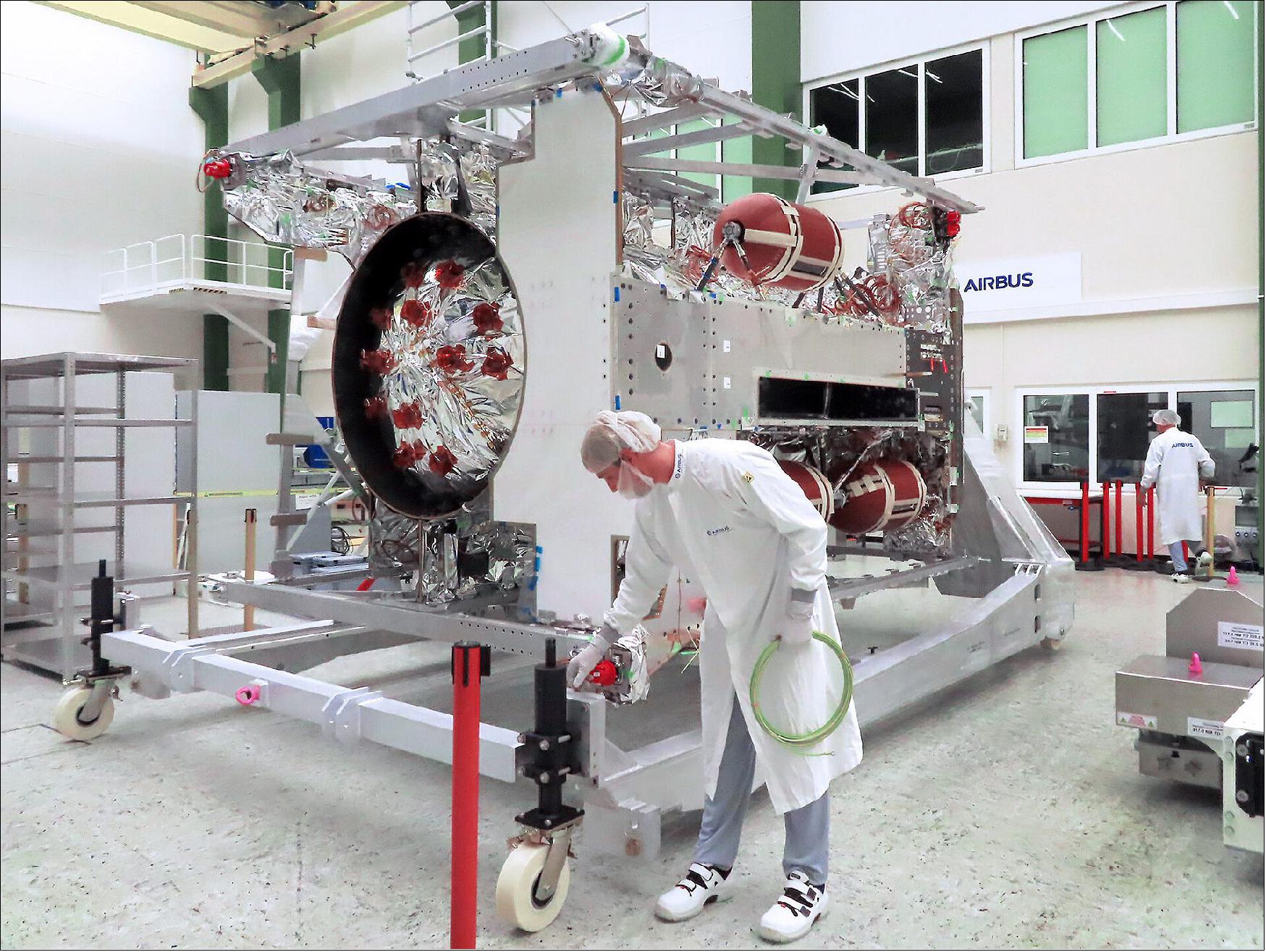 Figure 17: The 5.2-ton spacecraft will be fitted with remaining components such as power electronics, an on-board computer, communication systems and navigation sensors, before continuing its journey to ESTEC (ESA Space Technology and Research Center) in the Netherlands for testing (image credit: Airbus)