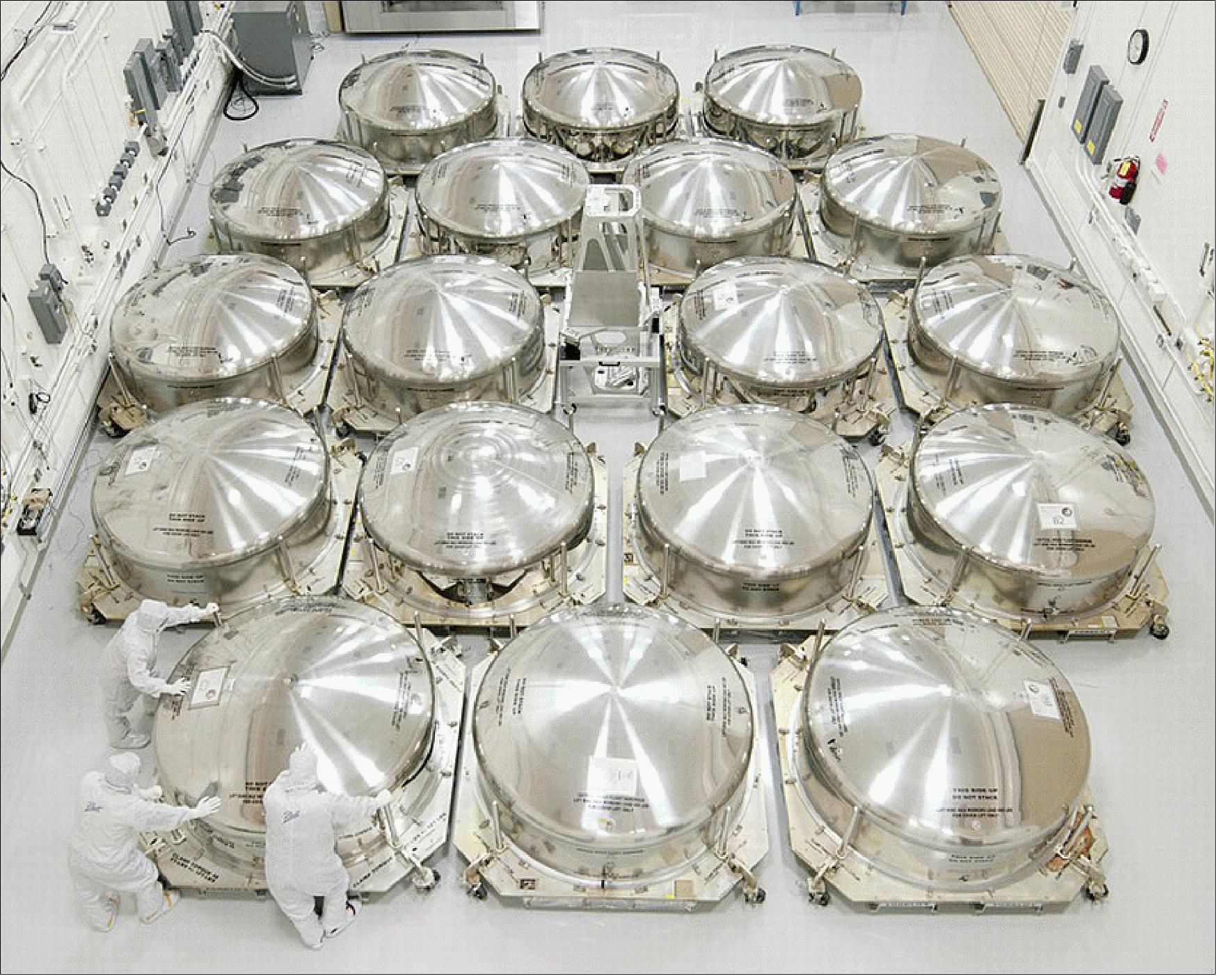 Figure 48: As at the end of 2013, all 18 of the JWST primary mirror segment assemblies are complete and have arrived at Goddard, where they are being stored inside separate stainless steel shock-absorbing canisters until it is time for mirror assembly (image credit: NASA)