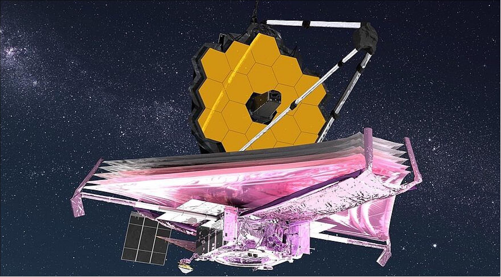 Figure 39: After launch, JWST requires two weeks of major deployments of its sunshield and telescope, a process with many potential failure modes (image credit: NASA GSFC/CIL/Adriana Manrique Gutierrez)