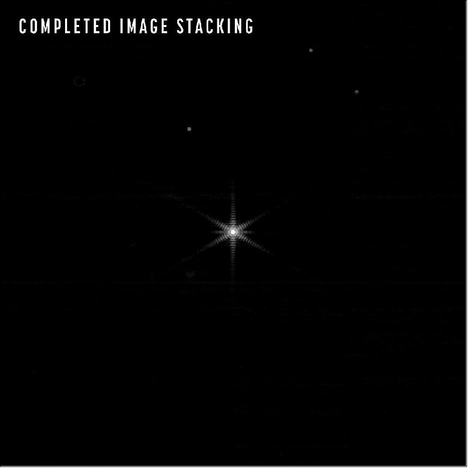 Figure 32: During this phase of alignment known as Image Stacking, individual segment images are moved so they fall precisely at the center of the field to produce one unified image instead of 18. In this image, all 18 segments are on top of each other. After future alignment steps, the image will be even sharper (image credit: NASA/STScI)