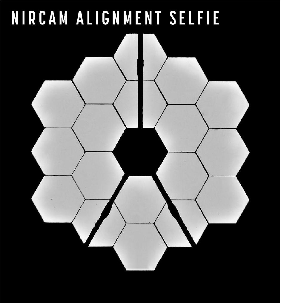 Figure 26: This new "selfie" was created using a specialized pupil imaging lens inside of the NIRCam instrument that was designed to take images of the primary mirror segments instead of images of the sky. This configuration is not used during scientific operations and is used strictly for engineering and alignment purposes. In this image, all of Webb's 18 primary mirror segments are shown collecting light from the same star in unison (image credits: NASA/STScI)