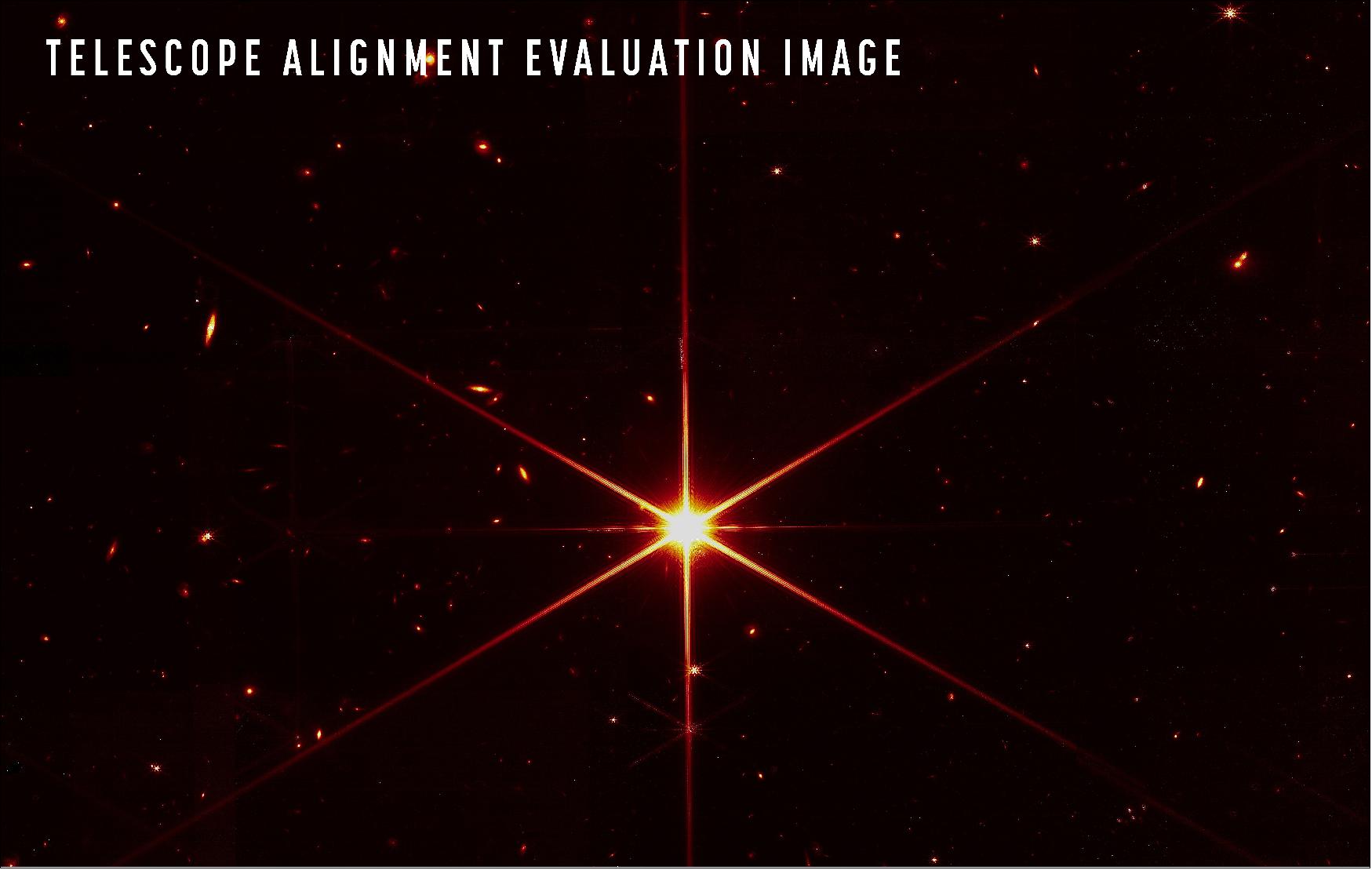 Figure 25: While the purpose of this image was to focus on the bright star at the center for alignment evaluation, Webb's optics and NIRCam are so sensitive that the galaxies and stars seen in the background show up. At this stage of Webb's mirror alignment, known as "fine phasing," each of the primary mirror segments have been adjusted to produce one unified image of the same star using only the NIRCam instrument. This image of the star, which is called 2MASS J17554042+6551277, uses a red filter to optimize visual contrast (image credits: NASA/STScI)