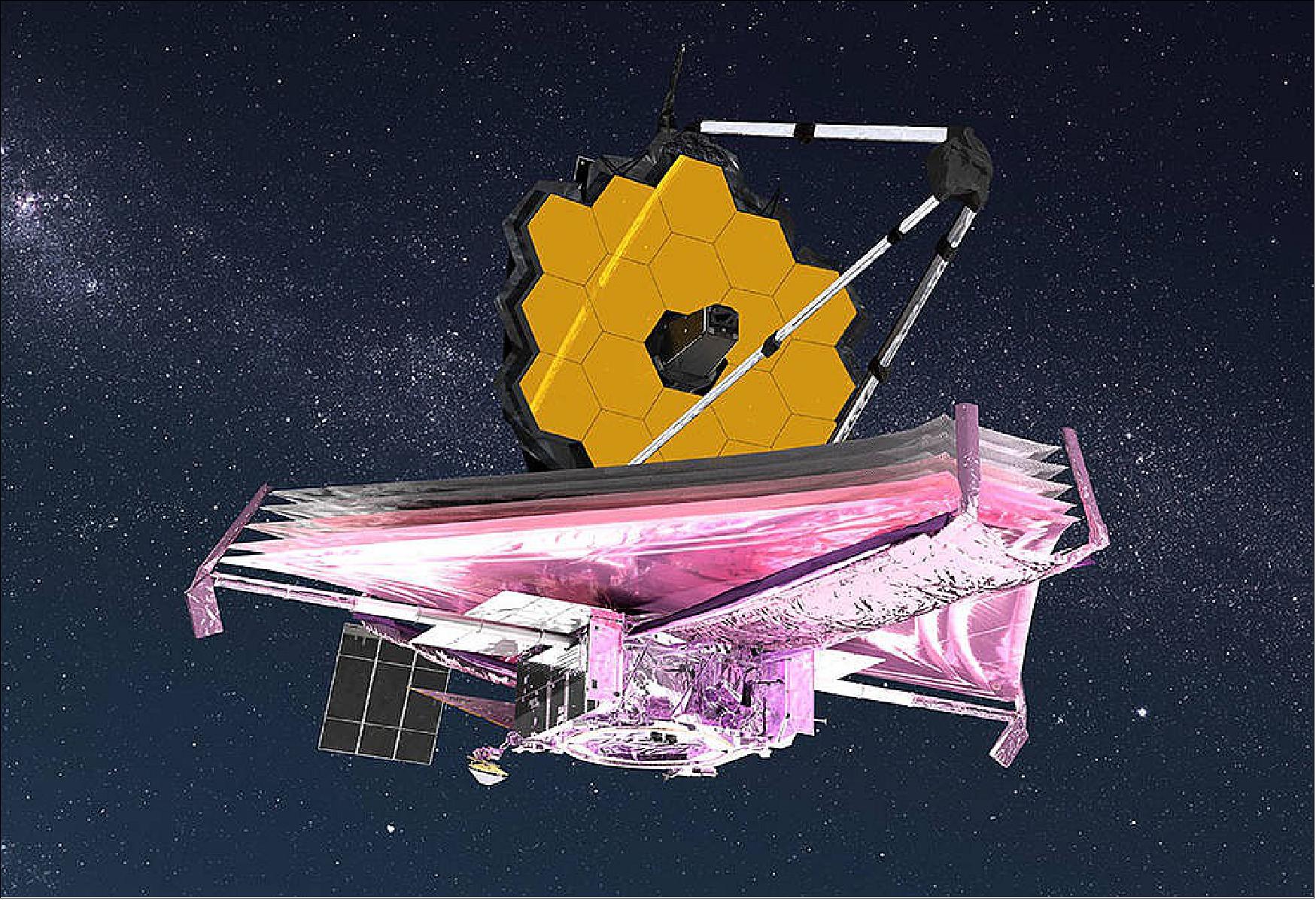 Figure 22: In this illustration, the multilayered sunshield on NASA's James Webb Space Telescope stretches out beneath the observatory's honeycomb mirror. The sunshield is the first step in cooling down Webb's infrared instruments, but the Mid-Infrared Instrument (MIRI) requires additional help to reach its operating temperature (image credits: NASA GSFC/CIL/Adriana Manrique Gutierrez)