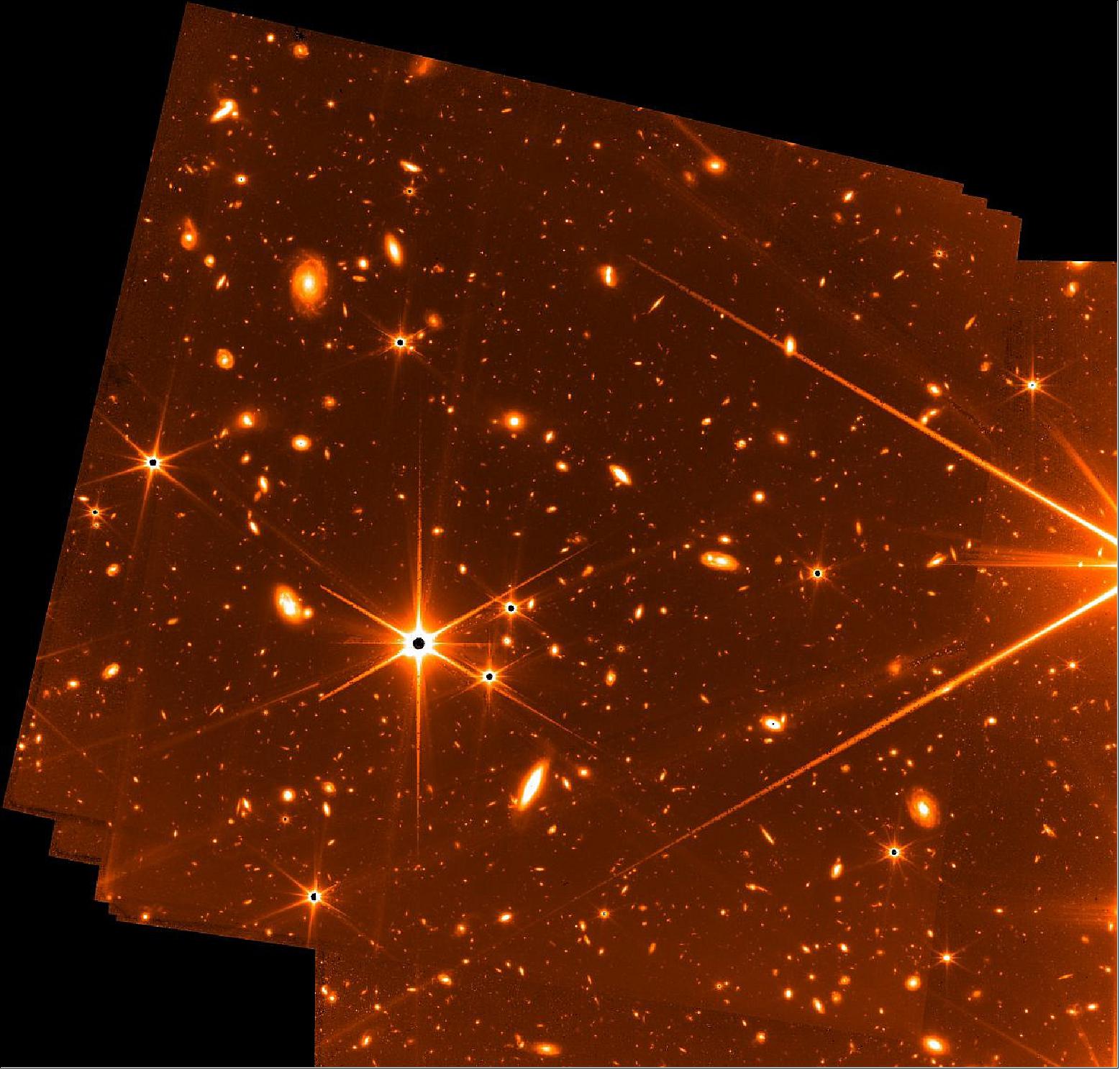 Figure 15: This Fine Guidance Sensor test image was acquired in parallel with NIRCam imaging of the star HD147980 over a period of eight days at the beginning of May. This engineering image represents a total of 32 hours of exposure time at several overlapping pointings of the Guider 2 channel. The observations were not optimized for detection of faint objects, but nevertheless the image captures extremely faint objects and is, for now, the deepest image of the infrared sky. The unfiltered wavelength response of the guider, from 0.6 to 5 µm, helps provide this extreme sensitivity. The image is mono-chromatic and is displayed in false color with white-yellow-orange-red representing the progression from brightest to dimmest. The bright star (at 9.3 magnitude) on the right hand edge is 2MASS 16235798+2826079. There are only a handful of stars in this image – distinguished by their diffraction spikes. The rest of the objects are thousands of faint galaxies, some in the nearby universe, but many, many more in the distant universe (image credits: NASA, CSA, and FGS team)