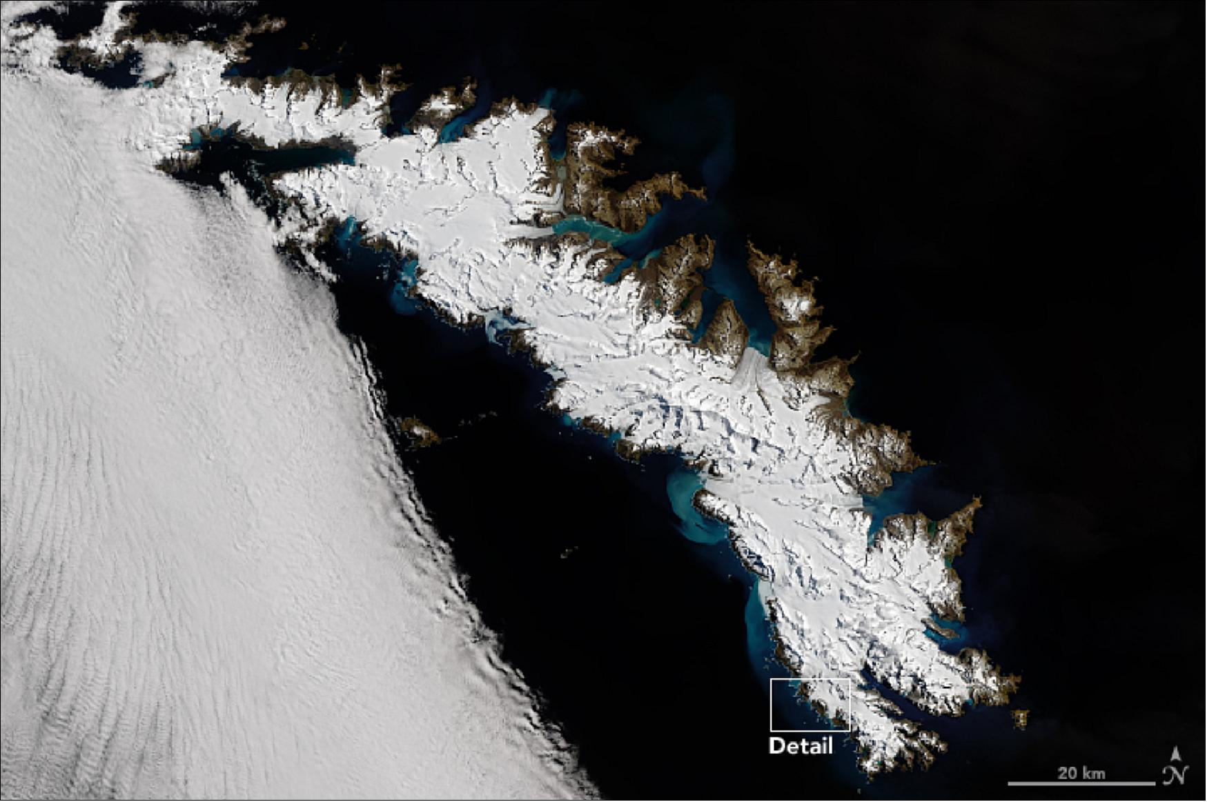 Figure 101: OLI on Landsat-8 acquired this image on December 25, 2018 showing a clear view of South Georgia and the South Sandwich Islands (image credit: NASA Earth Observatory images by Joshua Stevens, using Landsat data from the U.S. Geological Survey; story by Kasha Patel)