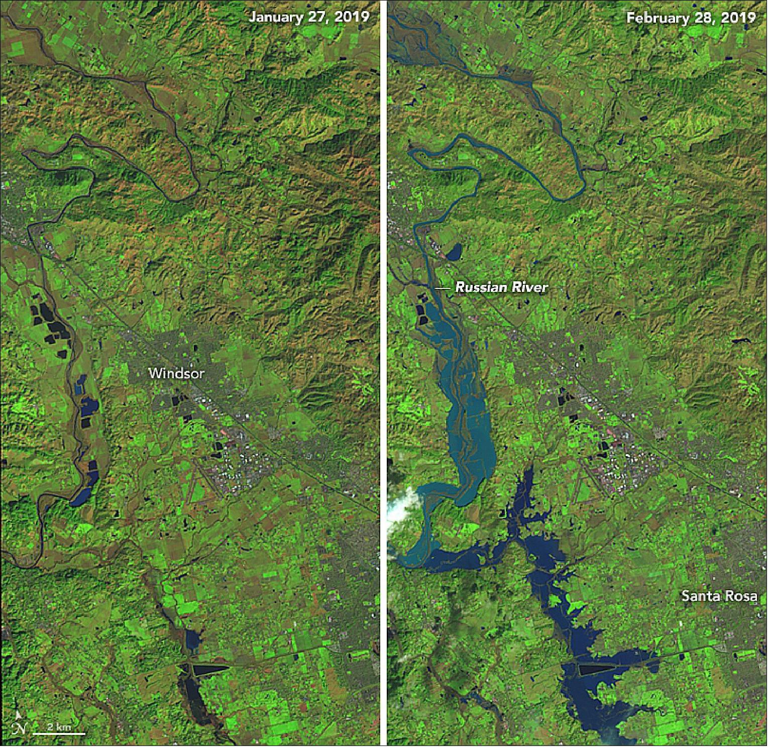 Figure 100: On 28 February 2019, OLI on Landsat-8 acquired a false-color view (bands 6-5-4) of flooding along the Russian River. It shows flood water west of Santa Rosa, near a point where the river takes a hard turn to the west toward Sebastopol and Guerneville (both under cloud cover). For comparison, the left image shows the area on January 27, 2019. Flood waters appear blue; vegetation is green; and bare ground is brown (image credit: NASA Earth Observatory, images by Lauren Dauphin, using Landsat data from the USGS, story by Mike Carlowicz)