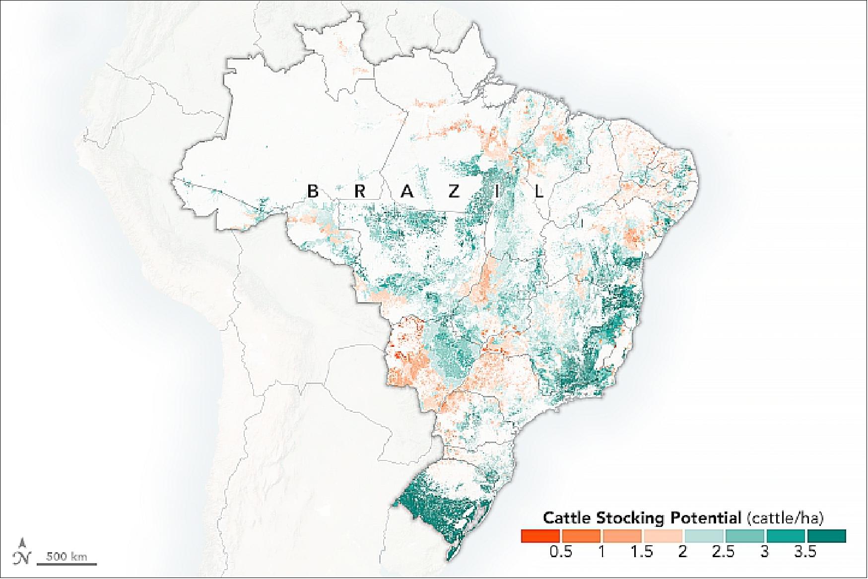 Figure 98: This map of 2015 highlights areas where the land can support more cattle. Most noticeably, the pastures in the Pampas region in the south can support as much as three times more cattle per hectare. (One cattle unit is estimated at 450 kilograms, or 990 pounds, per hectare.) The information was calculated by estimating the amount of cows on the land, the vegetative health of the pasturelands as observed from the Normalized Difference Vegetation Index (NDVI) and primary productivity values from NASA satellites, and a typical cow's foraging needs. These maps provide only an estimation, as limitations of soil, topography and infrastructure need to be considered (image credit: NASA Earth Observatory, image by Joshua Stevens, using data courtesy of Arantes, A. E., et al. (2018), story by Kasha Patel)