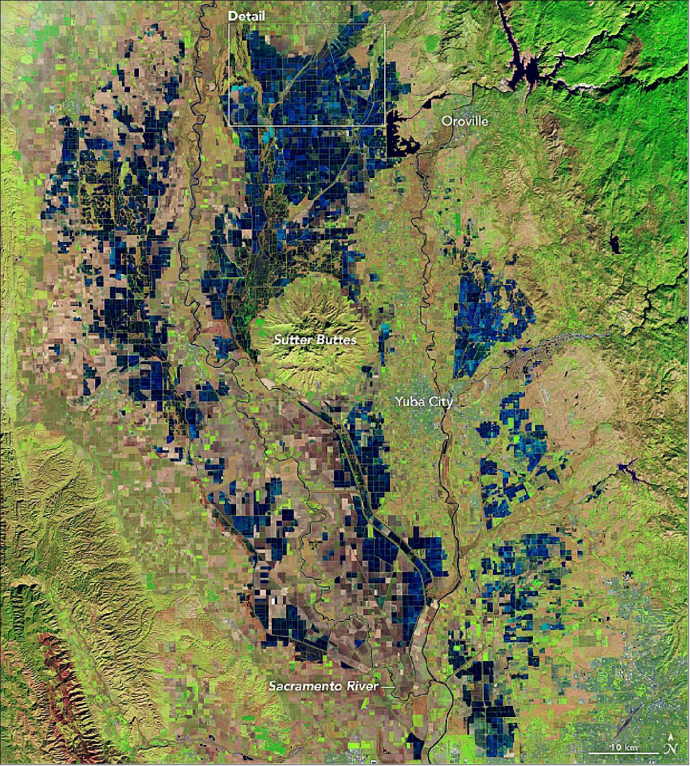 Figure 90: OLI on Landsat-8 acquired this false-color image using a combination of shortwave infrared, near infrared, and visible light (bands 6-5-4) on 26 December 2018. The image highlights the patchwork of flooded rice fields along the Sacramento and Feather Rivers. Inundated fields appear dark blue; vegetation is bright green. A series of raised levees form the grid pattern between the fields (image credit: NASA Earth Observatory, image by Lauren Dauphin, using Landsat data from the U.S. Geological Survey, story by Adam Voiland)