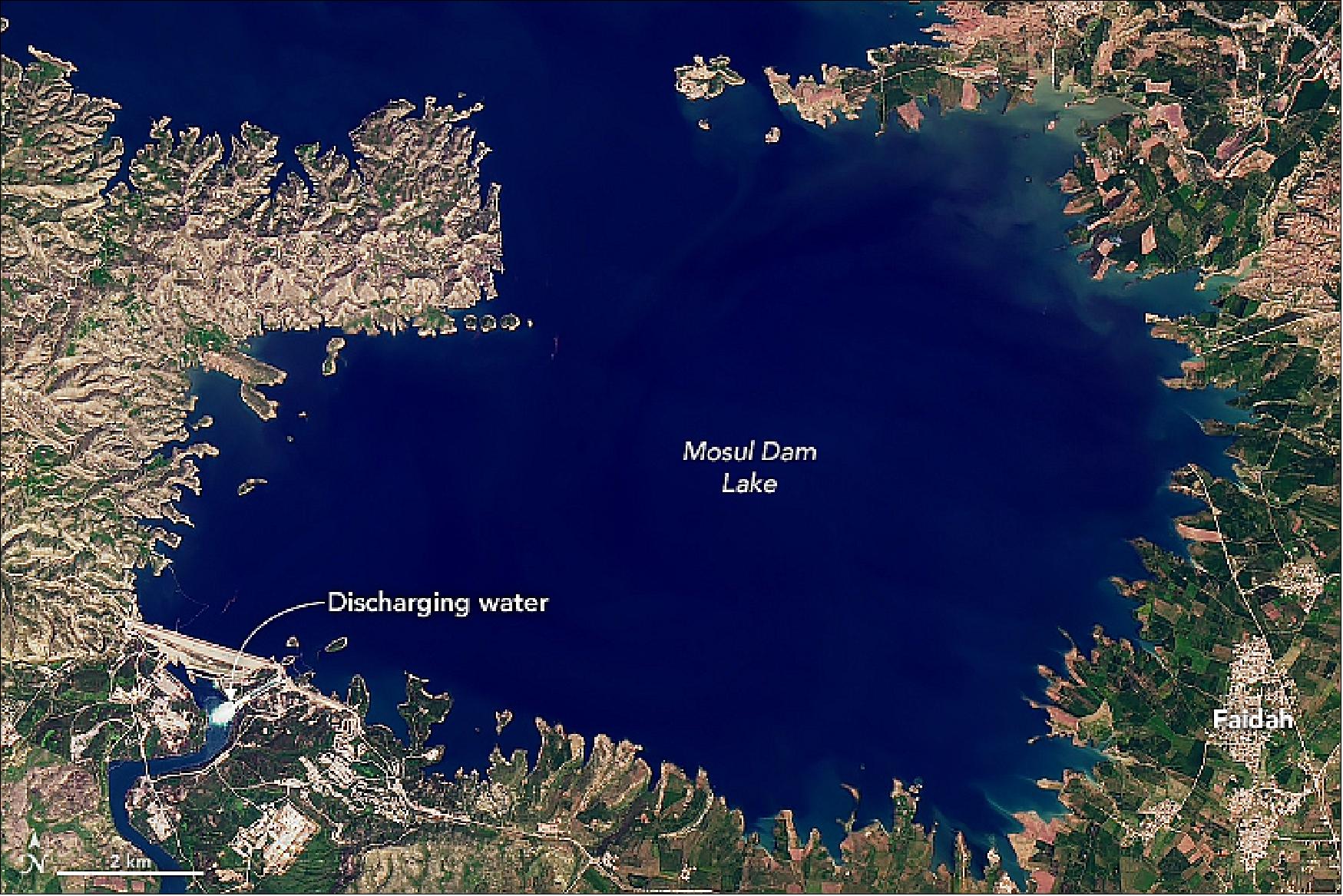 Figure 84: The upstream Mosul Dam Lake image acquired with OLI on Landsat-8 on 04 April 2019 (image credit: NASA Earth Observatory images by Joshua Stevens, using Landsat data from the U.S. Geological Survey, Story by Adam Voiland)