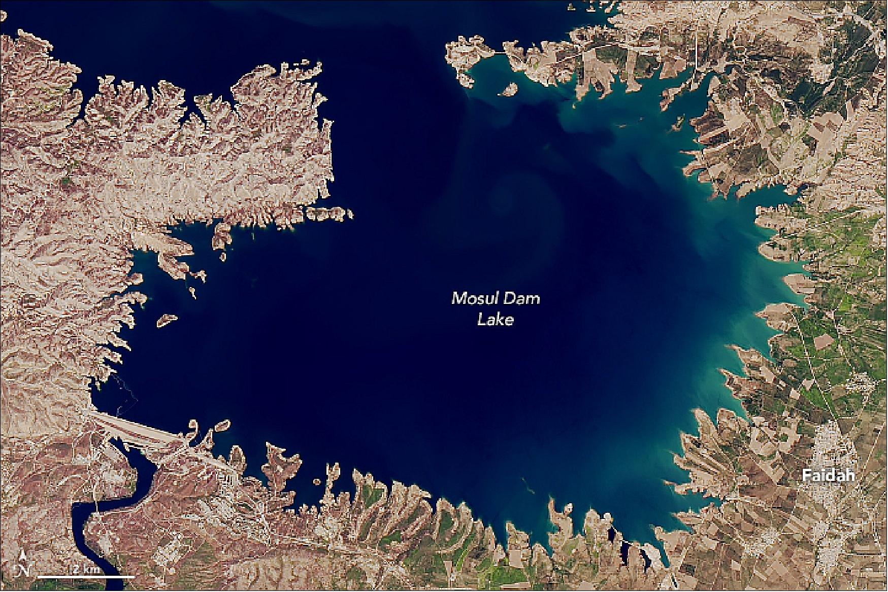 Figure 83: The upstream Mosul Dam Lake image acquired with OLI on Landsat-8 on 25 April 2015 (image credit: (image credit: NASA Earth Observatory images by Joshua Stevens, using Landsat data from the U.S. Geological Survey, Story by Adam Voiland)