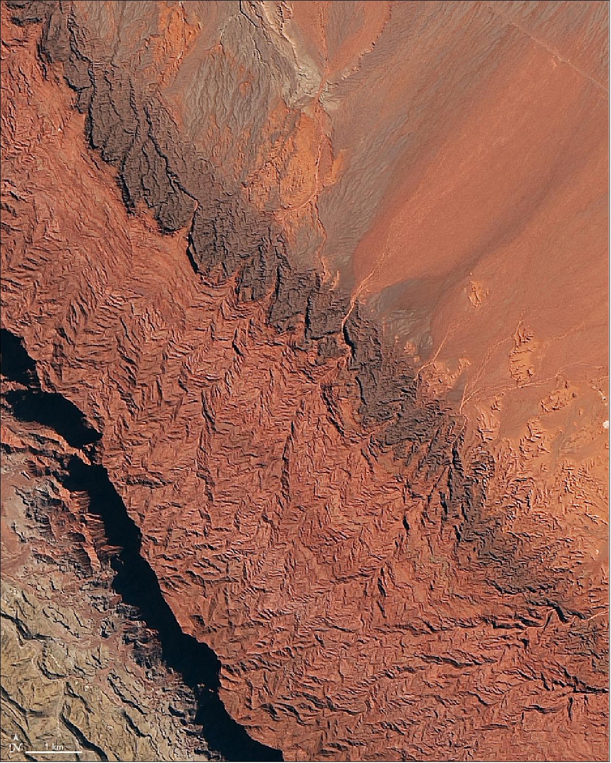 Figure 116: Image of a portion of Ischigualasto Provincial Park, acquired by OLI on 25 August 2018 (image credit: NASA Earth Observatory, image by Lauren Dauphin, using Landsat data from the U.S. Geological Survey. Story by Kasha Patel)