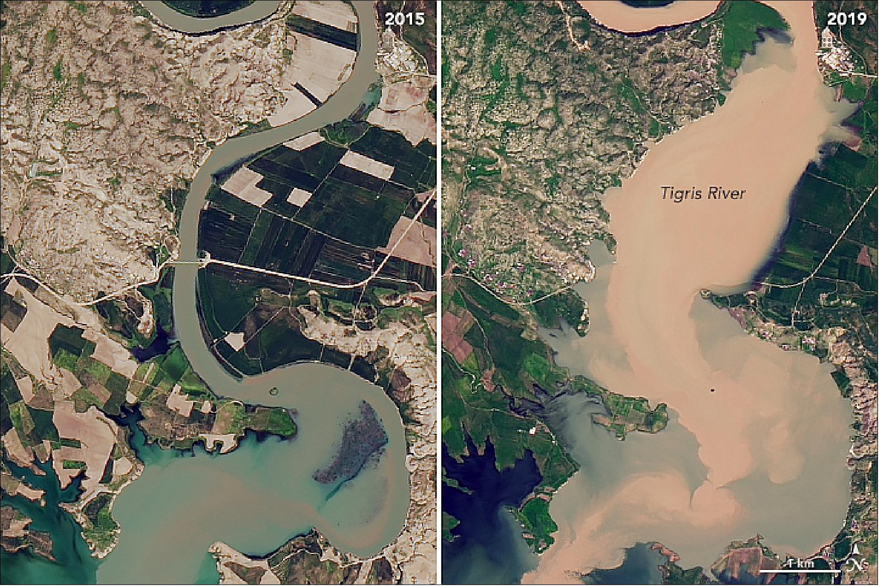 Figure 82: The Operational Land Imager (OLI) on Landsat 8 acquired images of the reservoir in April 2015 and April 2019. Beyond the water levels, notice how much greener the land surface was in 2019. Note also how much suspended sediment flowed into the northern end of the reservoir through the Tigris River [image credit: NASA Earth Observatory images by Joshua Stevens, using Landsat data from the U.S. Geological Survey, Story by Adam Voiland, with information and factchecking from Charon Birkett (University of Maryland), William Empson (U.S. Army), and William Baker (USDA FAS)]