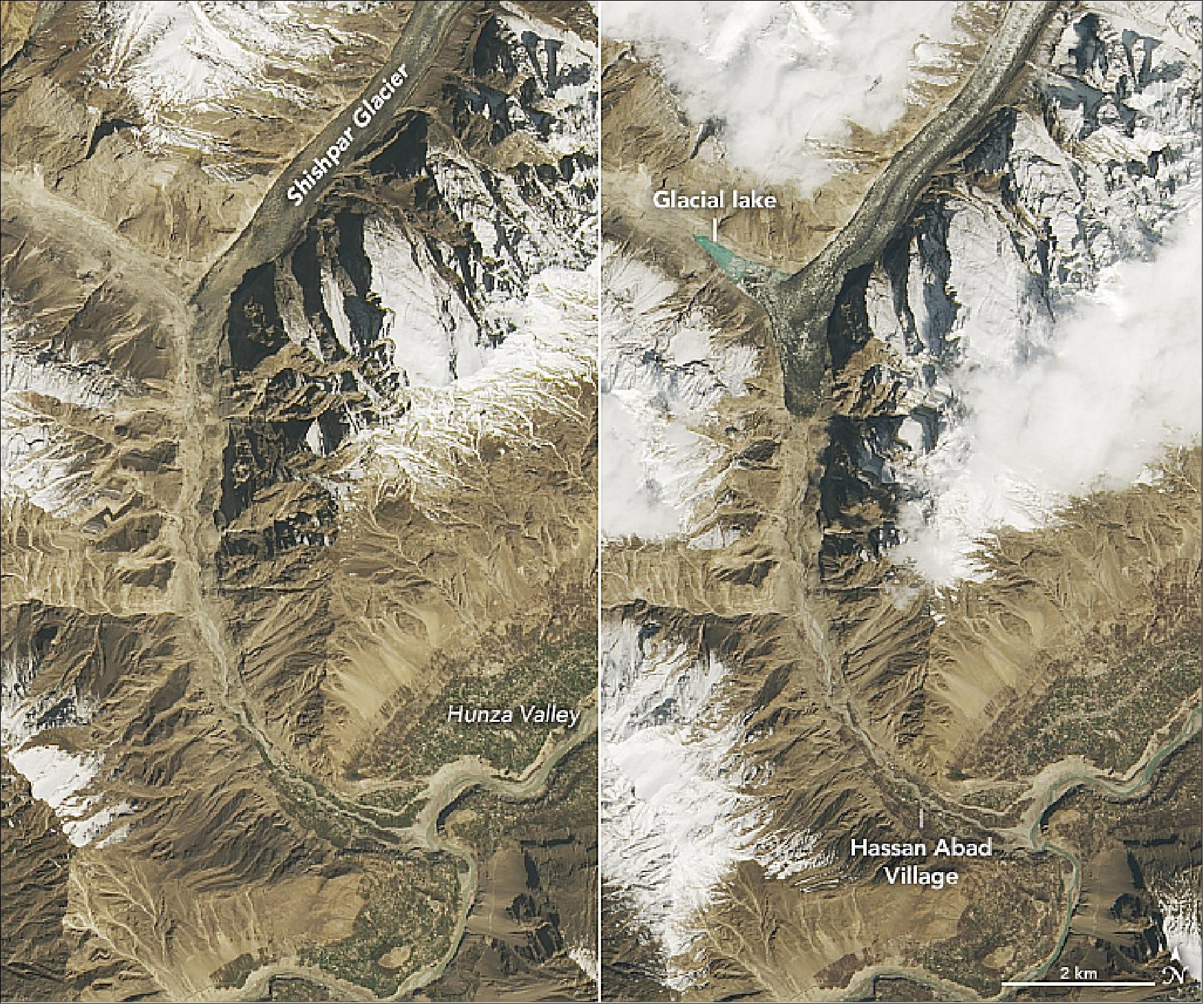 Figure 80: These images, acquired by OLI on on Landsat-8, show the position of the glacier and lake on April 1, 2019 (right), compared to April 5, 2018. The ice appears gray because dust, soil, and other debris are piled on top of it [image credit: NASA Earth Observatory, images by Lauren Dauphin, using Landsat data from the USGS. Story by Adam Voiland, with information from Jeff Kargel (Planetary Science Institute), Cameron Watson (University of Arizona), Andreas Kääb (University of Oslo), and Umesh Haritashya (University of Dayton)]