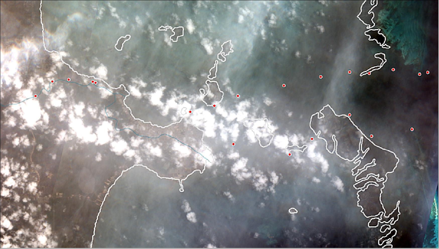 Figure 77: Copernicus Sentinel-2A image of Belize captured on Wed. May 15, when we were in the field; the red dots are the locations of the 21 water quality samples we collected that same day (image credit: ESA, NASA Earth Observatory)
