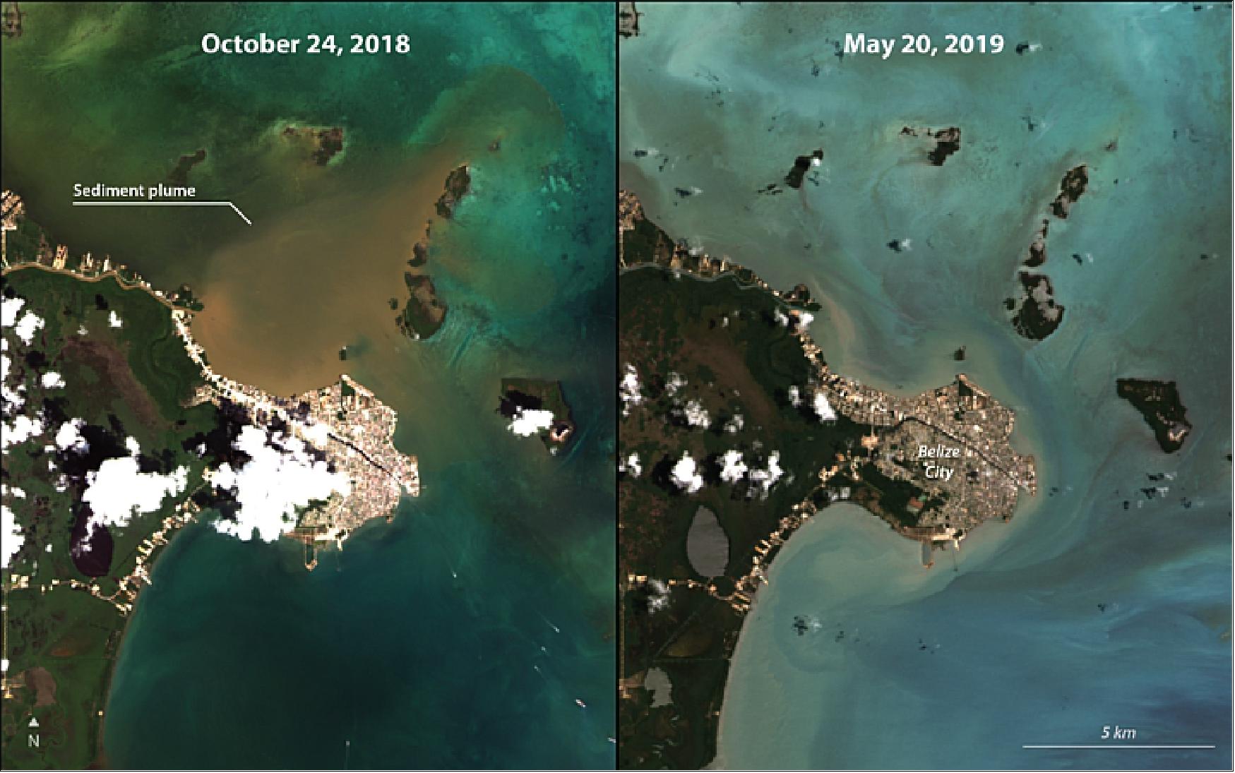 Figure 72: Left: A Landsat-8 image from October 2018 shows a sediment plume originating from the mouth of the Belize River, extending 8 km out to sea. Right: Relatively clear waters shown in another image from the same satellite from May 2019 (image credit: NASA Earth Observatory)
