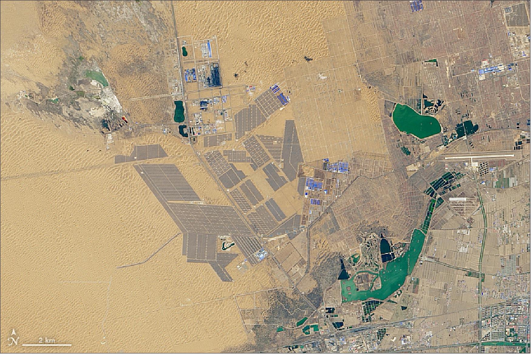 Figure 70: The Operational Land Imager (OLI) acquired this image the Tengger Desert Solar Park in northwestern China on 22 April 2019 (image credit: NASA Earth Observatory image by Joshua Stevens, using Landsat data from the U.S. Geological Survey. Story by Adam Voiland)