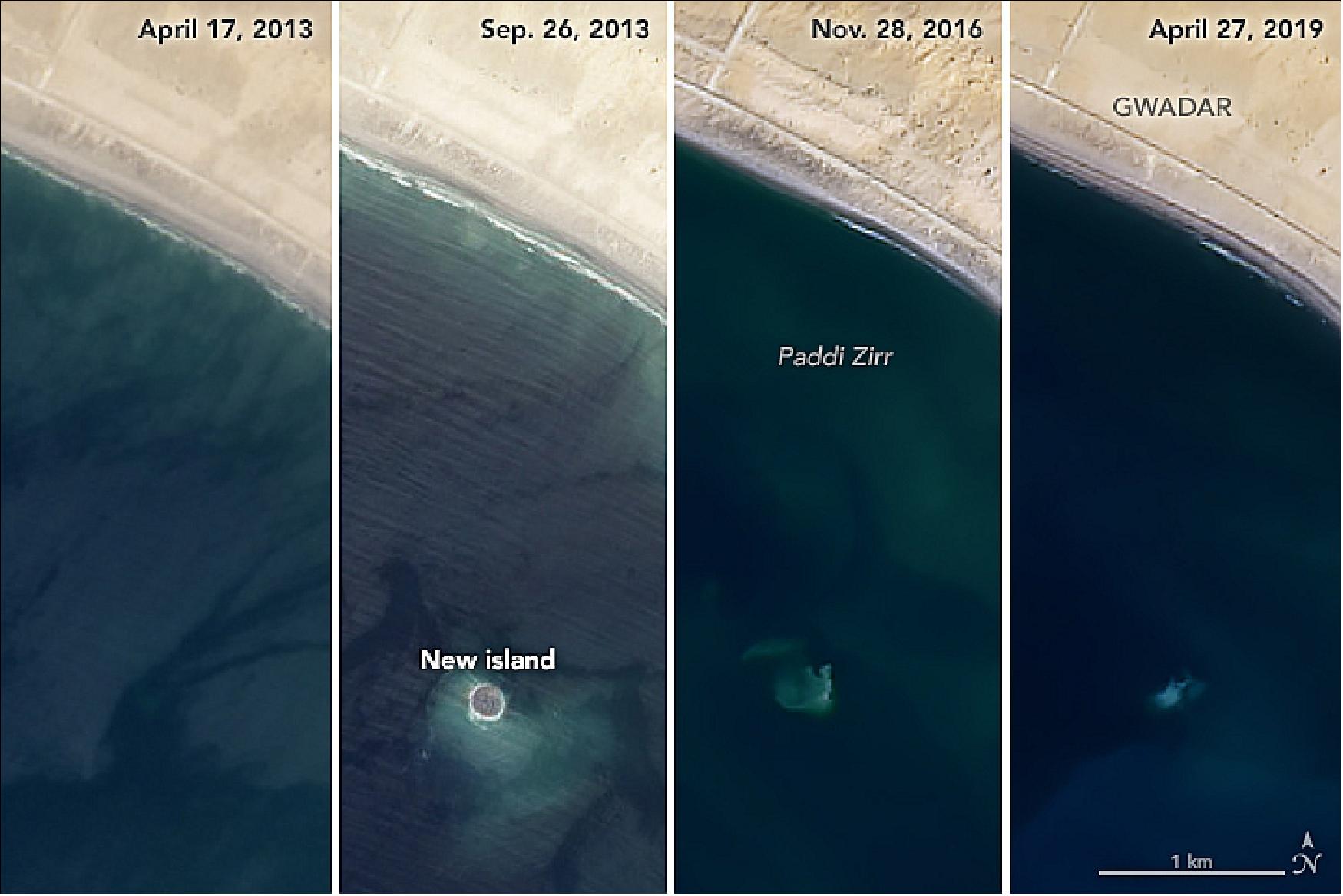 Figure 66: Zalzala Koh may be out of sight for now, but that does not mean it is completely gone. In 2019, hints of the island persist in Landsat imagery. As recently as June 2019, Landsat observed trails of sediment circulating around the submerged base. The series of images above shows the island in April and September 2013, November 2016, and April 2019. The Advanced Land Imager (ALI) on EO-1 acquired the September 2013 image; all the others images came from the Operational Land Imager (OLI) on Landsat 8 (image credit: NASA Earth Observatory, images by Joshua Stevens, Robert Simmon, and Jesse Allen, using Landsat data from the U.S. Geological Survey and EO-1 ALI data from the NASA EO-1 team. Story by Adam Voiland)