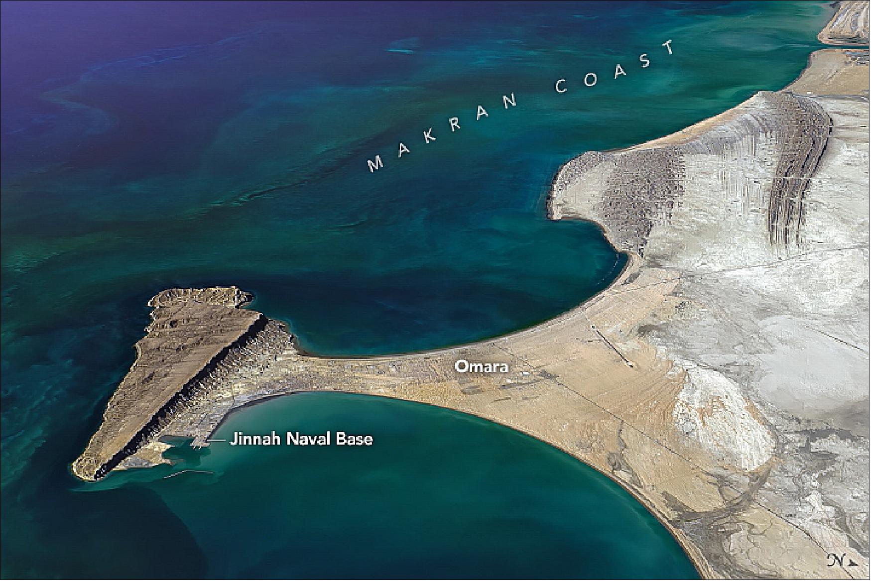 Figure 62: Nadir OLI image of the Ormara peninsula acquired on 15 February 2019 (image credit: NASA Earth Observatory image by Joshua Stevens, using Landsat data from the U.S. Geological Survey, story by Adam Voiland)