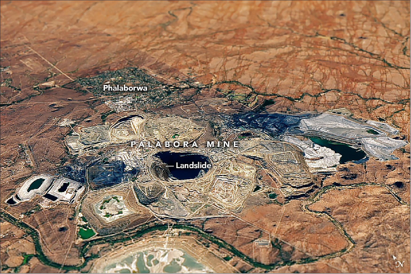 Figure 60: A more detailed image of the Palabora mine showing the landslide (image credit: NASA Earth Observatory image by Joshua Stevens and Allison Nussbaum, using Landsat data from the U.S. Geological Survey and topographic data from the Shuttle Radar Topography Mission (SRTM). Story by Kathryn Hansen)