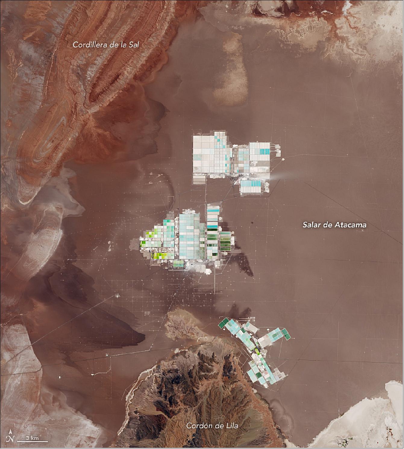 Figure 114: Overview of Chile’s Salar de Atacama with the world’s largest reserve of lithium, which is a key ingredient in rechargeable batteries ((image credit: NASA Earth Observatory image by Lauren Dauphin, using Landsat data from the U.S. Geological Survey. Story by Adam Voiland)
