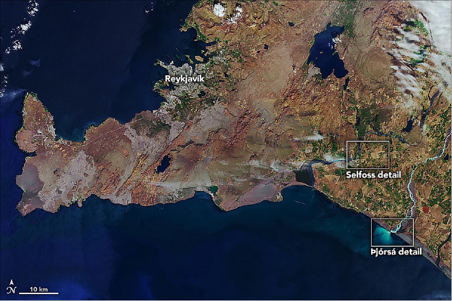 Figure 48: The rivers are visible in these images of southwest Iceland, acquired on June 6, 2019, by the Operational Land Imager (OLI) on Landsat-8. The images show the rivers in the summer season when they are ice-free (in winter they are prone to flooding from ice jams). This wide view image shows the river’s locations relative to Reykjavik, Iceland’s capital city (image credit: NASA Earth Observatory, image by Joshua Stevens, using Landsat data from the U.S. Geological Survey. Story by Kathryn Hansen with image interpretation by Emmanuel Pagneux, University of Iceland)