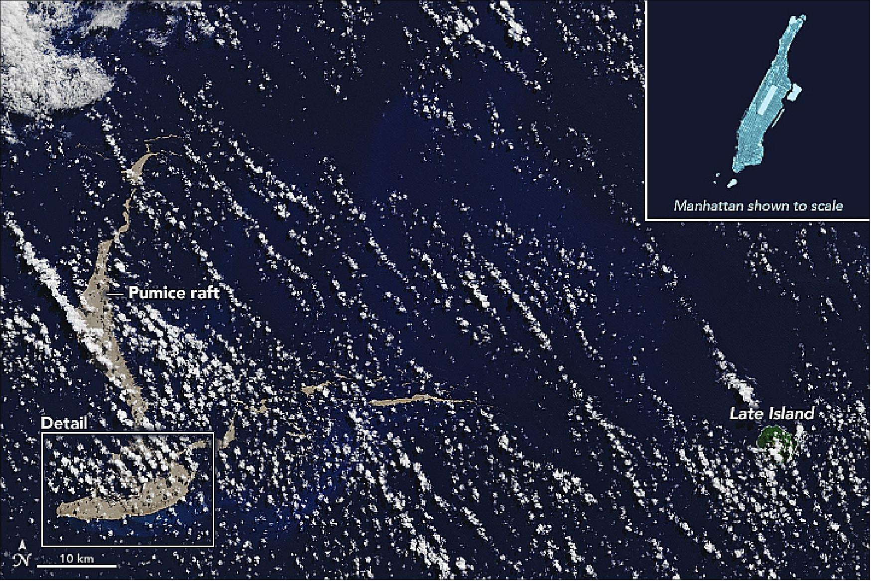 Figure 45: NASA’s Terra satellite detected the mass of floating rock on 9 August; the discolored water around the pumice suggests that the submarine volcano lies somewhere below. By August 13, the raft had drifted southwest. As of August 22, the raft had moved north again and was a bit more dispersed, but still visible (image credit: NASA Earth Observatory, image by Joshua Stevens, using Terra data. Story by Michael Carlowicz)