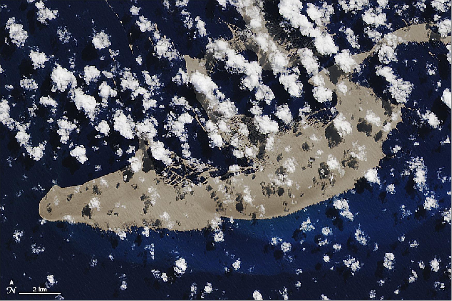 Figure 44: On August 13, 2019, the Operational Land Imager on Landsat 8 acquired natural-color imagery of a vast pumice raft floating in the tropical Pacific Ocean near Late Island in the Kingdom of Tonga (image credit: NASA Earth Observatory, image by Joshua Stevens, using Landsat data from the U.S. Geological Survey. Story by Michael Carlowicz)