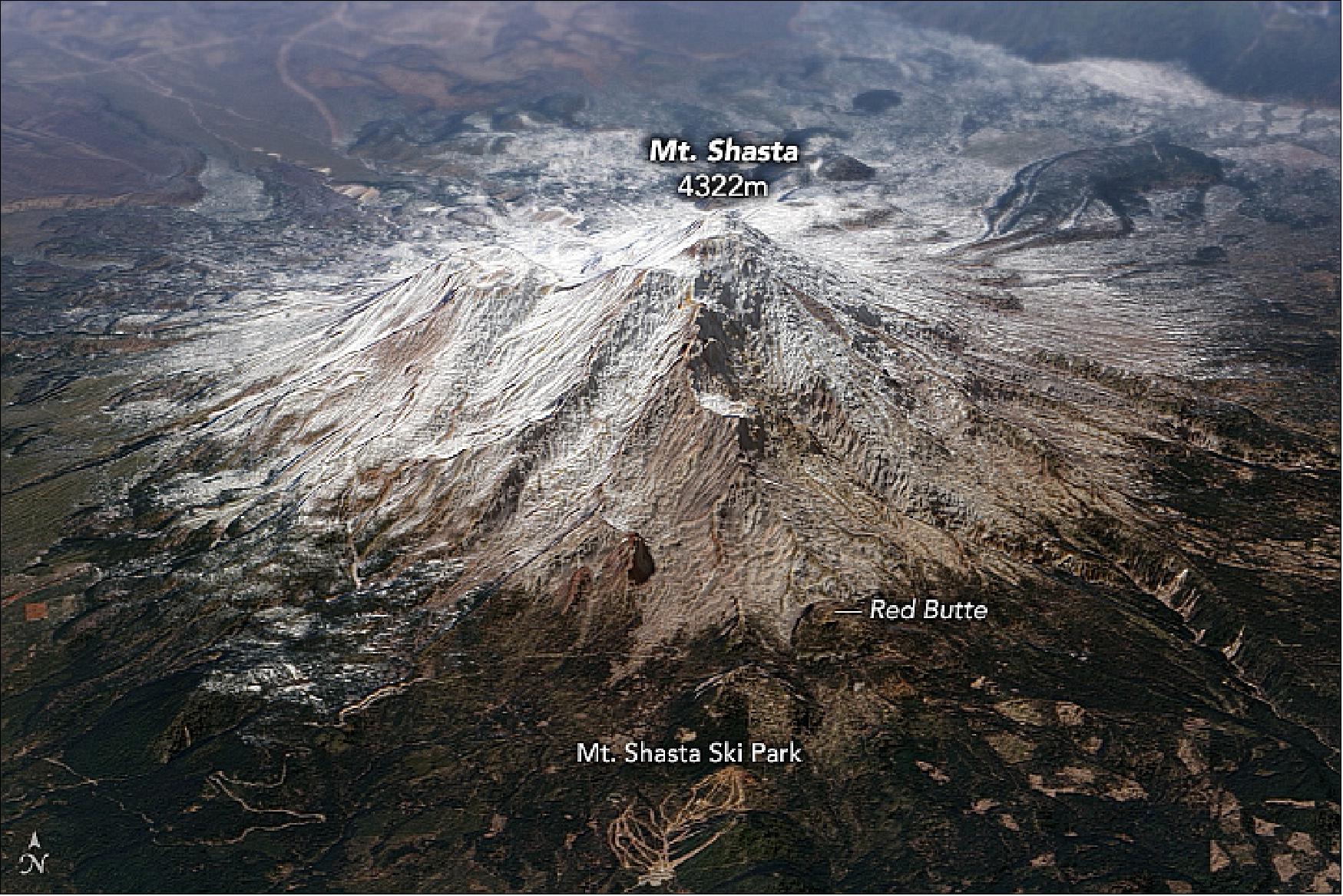 Figure 43: Towering above the horizon at 14,179 feet (4,322 m), Mount Shasta is sure to catch the eye of hikers. This majestic volcano in Northern California is at least partly visible from the trail for at least 500 miles. The image shows the space-based view of the mountain on November 1, 2013, acquired with the OLI on Landsat-8 and draped over topographic data (image credit: NASA Earth Observatory, image by Joshua Stevens and Robert Simmon, using Landsat data from the U.S. Geological Survey and topographic data from the Shuttle Radar Topography Mission (SRTM). Story by Kathryn Hansen)