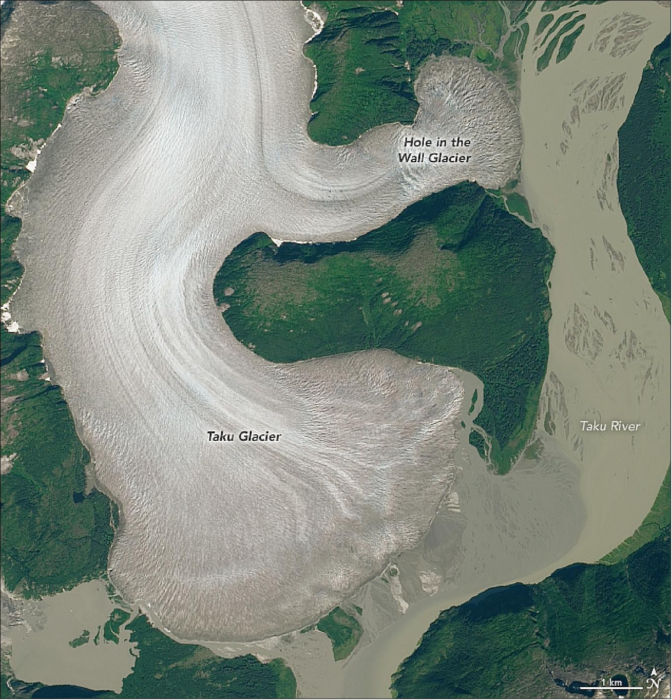 Figure 20: This natural-color image show the glacier on 20 August 2014. The image was acquired by OLI (Operational Land Imager) on Landsat-8 (image credit: NASA Earth Observatory, image by Lauren Dauphin, using Landsat data from the U.S. Geological Survey. Story by Kasha Patel)