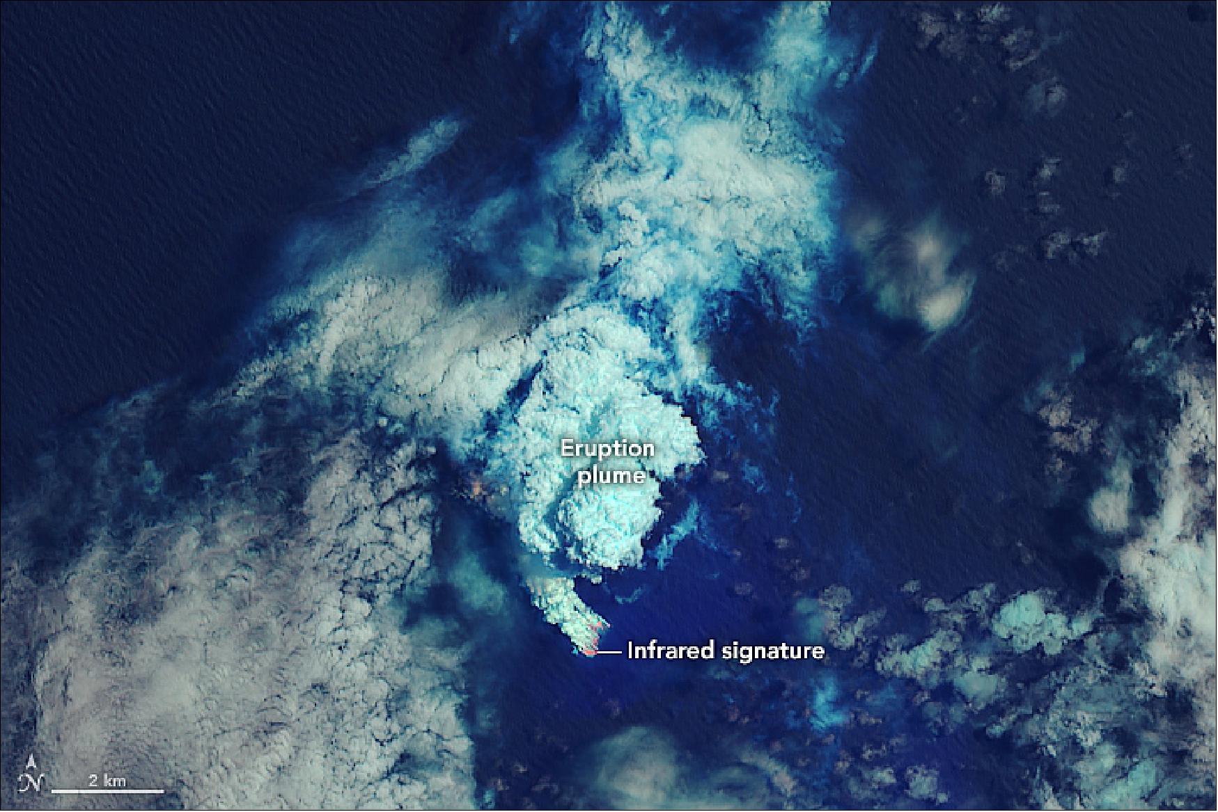 Figure 12: An undersea eruption at Lateiki Island in late October 2019 has brought new life to an older island in the Tonga chain. The birth of the island is visible in these images, acquired with OLI on Landsat-8. This image shows the eruption on its third day, October 16, 2019. The false-color image combines shortwave infrared, near infrared, and blue light (bands 7-5-2) to help distinguish the hot spots associated with the eruption (red). Scientists say the emissions were dominated by steam and volcanic gases. (image credit: NASA Earth Observatory, image by Lauren Dauphin, using Landsat data from the U.S. Geological Survey. Story by Kathryn Hansen)