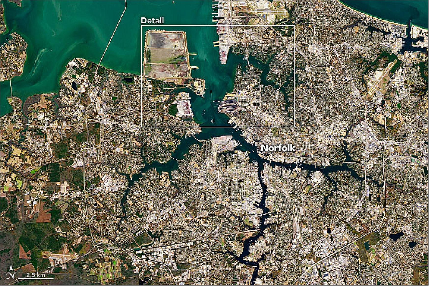 Figure 5: On November 25, 2019, the Operational Land Imager (OLI) on Landsat-8 captured these images (Figures 4 and 5) showing outflow from the Elizabeth River joining the others in Hampton Roads. The deep, natural channels in this area have defined the character of the region by making it possible for ships to access Norfolk and Portsmouth, Virginia (image credit: NASA Earth Observatory, images by Joshua Stevens, using Landsat data from the U.S. Geological Survey. Story by Adam Voiland)