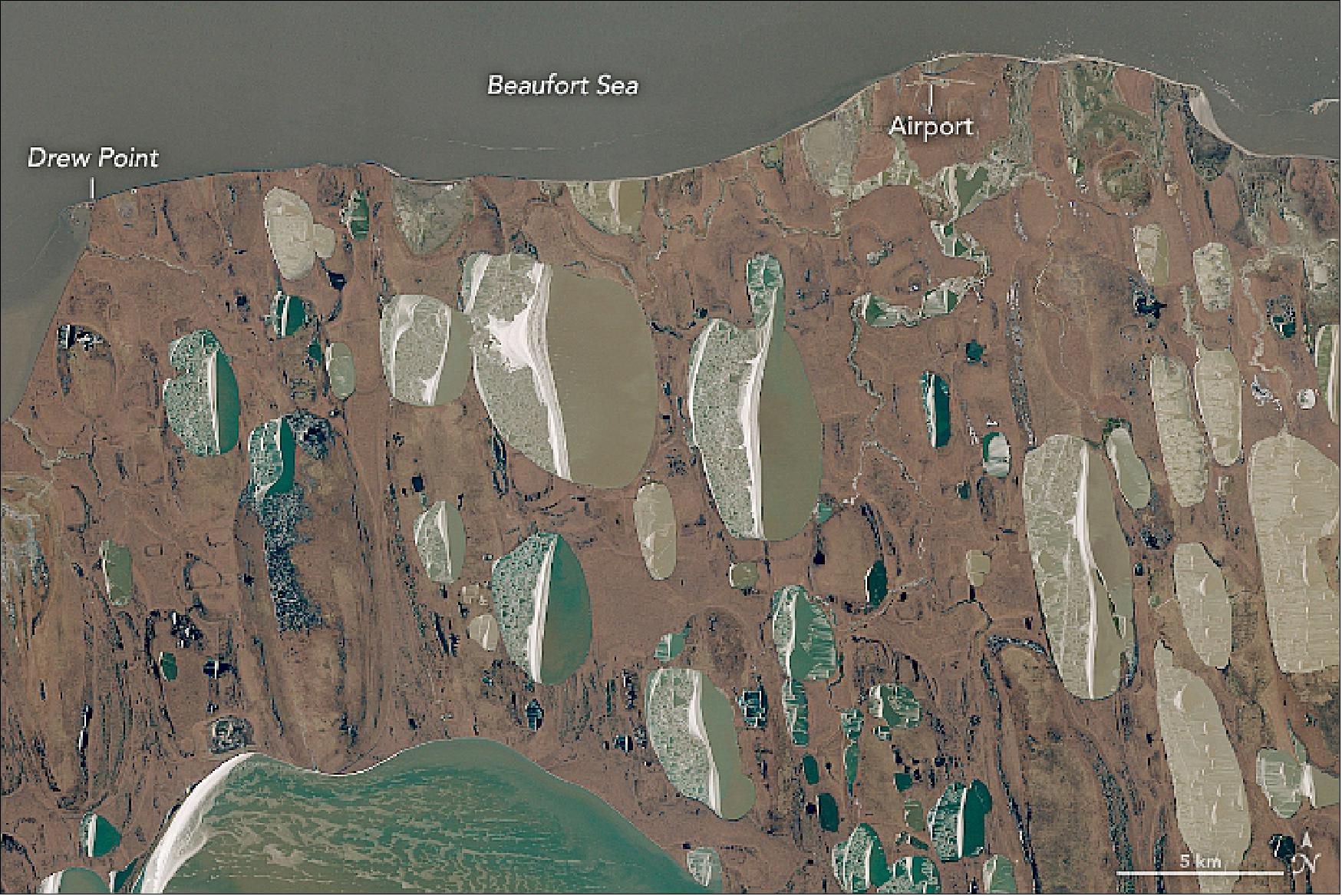 Figure 110: This image of the north slope of Alaska was acquired by the Landsat-8 satellite on October 5, 2018 [image credit: NASA Earth Observatory image by Lauren Dauphin, using Landsat data from the U.S. Geological Survey and NDVI (Normalized Difference Vegetation Index) and NDWI (Normalized Difference Water Index) annual trend data courtesy of Neal Pastick. Story by Kathryn Hansen]