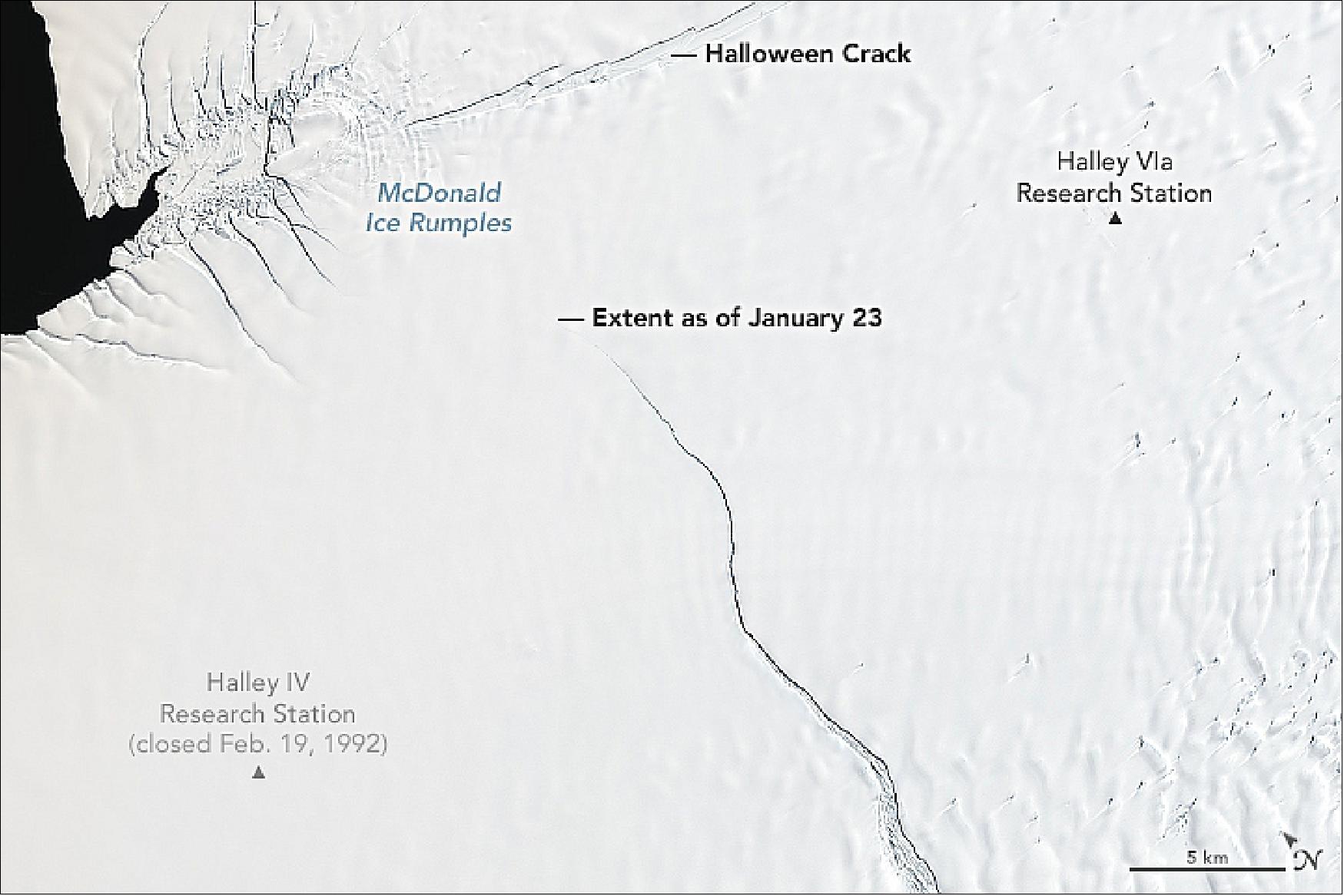 Figure 109: The detailed view of Figure 108 shows this northward expanding rift coming within a few kilometers of the McDonald Ice Rumples and the Halloween crack (image credit: NASA Earth Observatory image by Joshua Stevens, using Landsat data from the U.S. Geological Survey. Story by Kathryn Hansen, with image interpretation by Chris Shuman)
