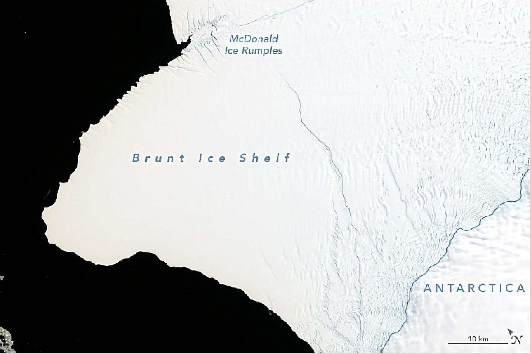Figure 108: Antarctica's Brunt Ice Shelf acquired with OLI on Landsat-8 on 23 January 2019. Cracks growing across the ice shelf are poised to release an iceberg about twice size of New York City (image credit: NASA Earth Observatory image by Joshua Stevens, using Landsat data from the U.S. Geological Survey. Story by Kathryn Hansen, with image interpretation by Chris Shuman)