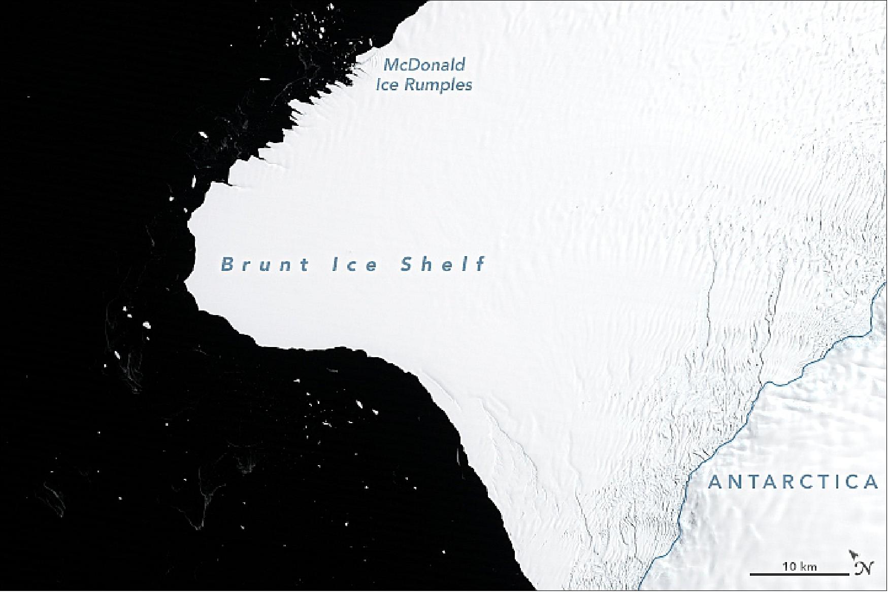 Figure 107: Antarctica's Brunt Ice Shelf acquired with the Thematic Mapper (TM) on Landsat-5 on 30 January 1986 (image credit: NASA Earth Observatory image by Joshua Stevens, using Landsat data from the U.S. Geological Survey. Story by Kathryn Hansen, with image interpretation by Chris Shuman)