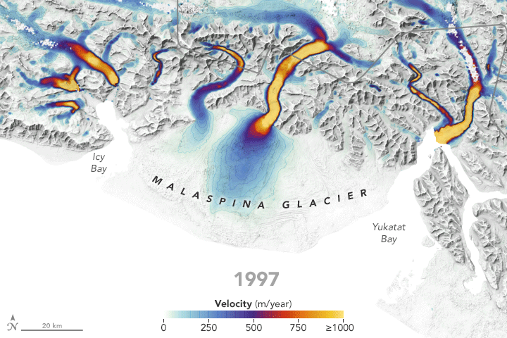 Figure 38: This set of images are examples of the flow velocity maps that Gardner and colleagues can derive from ITS_LIVE data sets. Comparing velocities in 1997 with those of 2017, you can see that velocity changes along Malaspina are more subtle than for the trio of glaciers to the west, which appear to be surging (image credit: NASA Earth Observatory, image by Joshua Stevens, using Landsat data from ITS_LIVE and the NASA MEaSUREs program at JPL. Story by Kathryn Hansen)