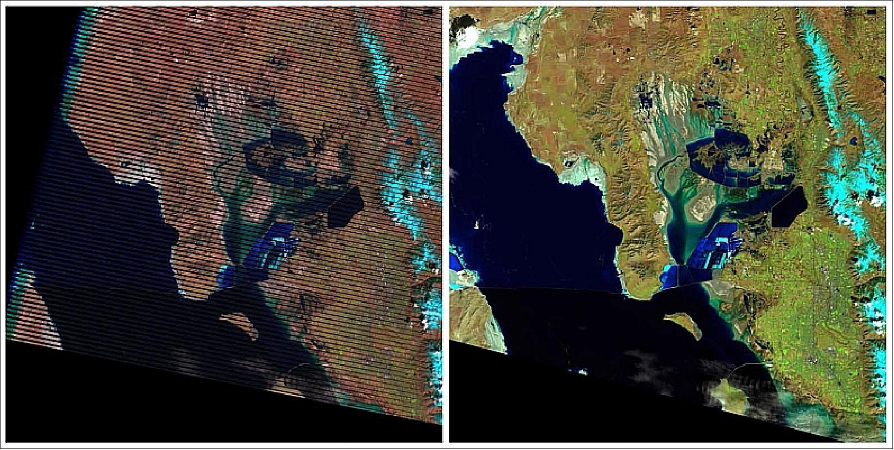 Figure 98: These images show a portion of the Great Salt Lake, Utah as seen by LS-7 (left) and LS-8 (LDCM) satellites (right); both images were acquired on March 29, 2013 (image credit: USGS, Ref. 80)